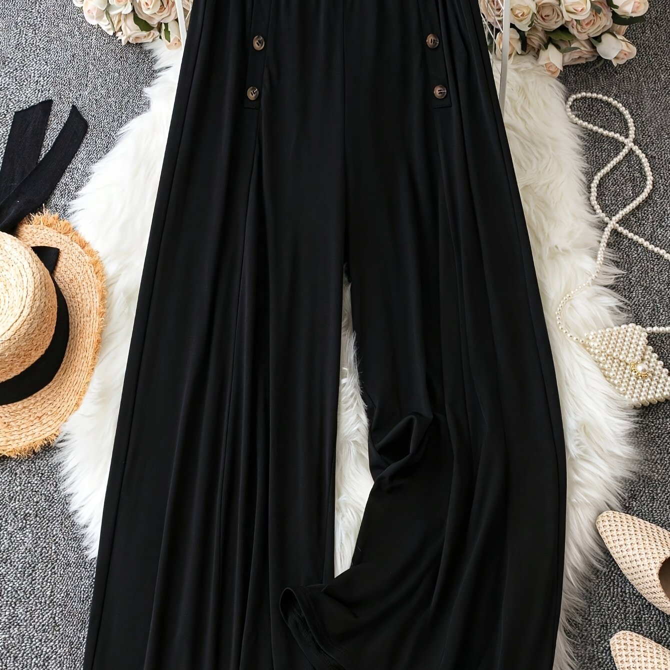 Plus Size - Sweet Chibi Plus Size Casual Solid Color Plus Size Button Detail Wide Leg Pants