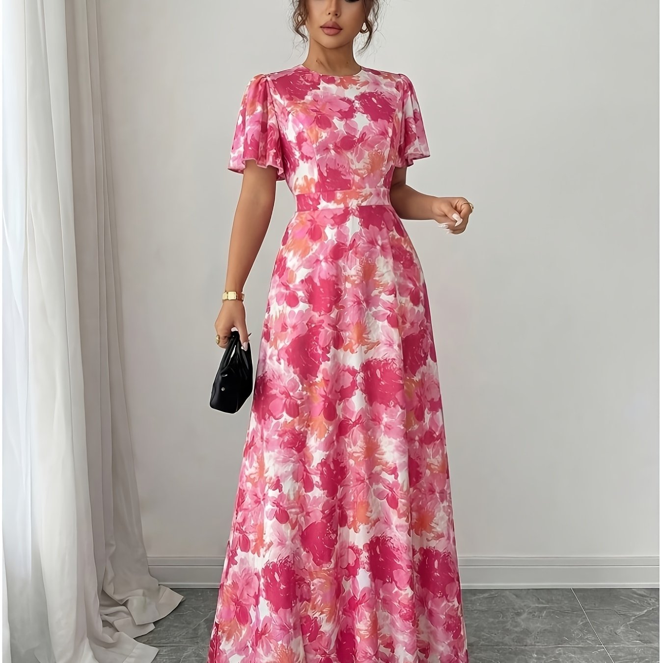 TEMU Elegant, Exquisite And Fashionable Floral Print Round Neck Short-sleeve Long Dress