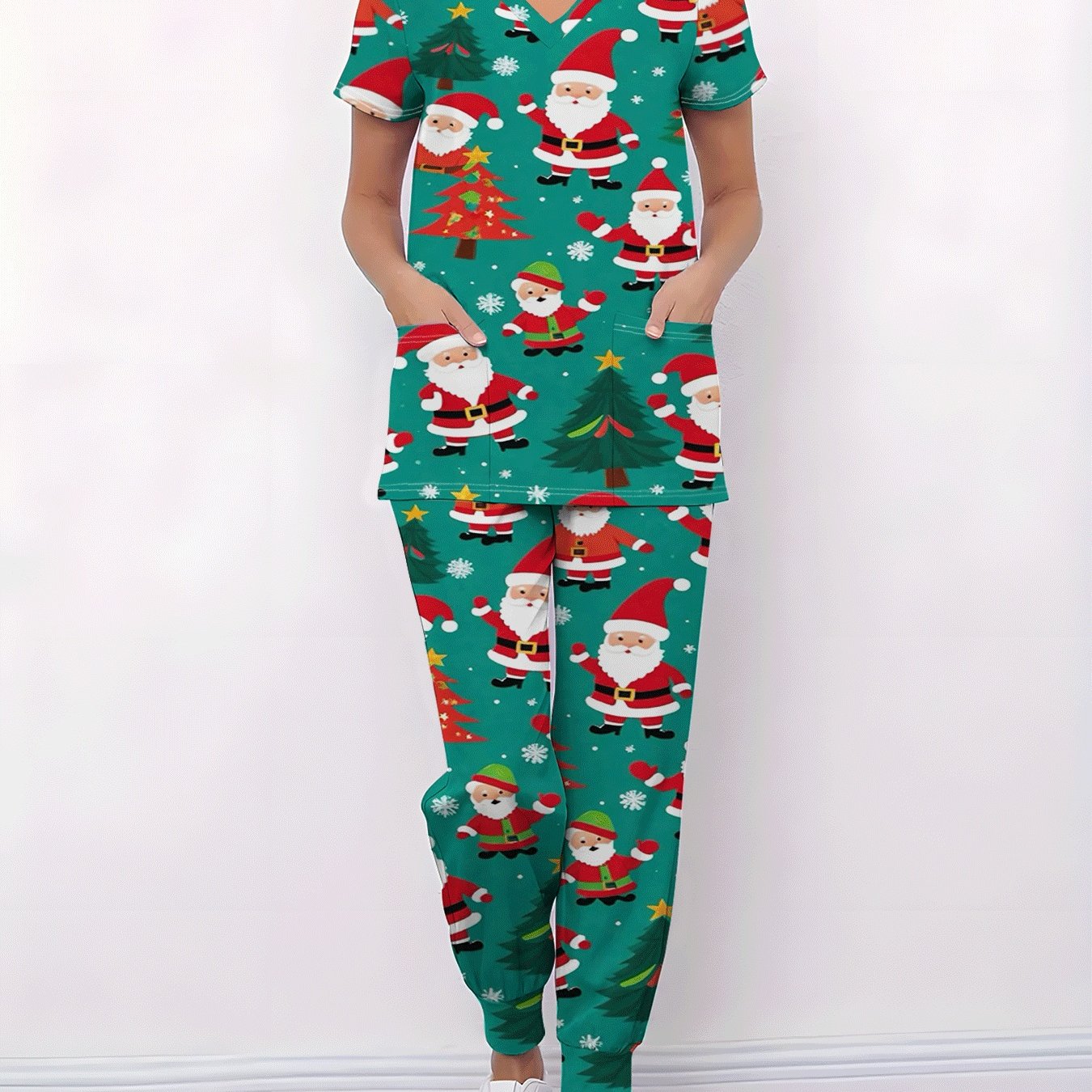TEMU V-neck T-shirt Set With Vibrant Printed Design, Top With Pocket. Comfortable And Stretchy Fabric. Short-sleeve Work Uniforms For Barbers, Pet ,