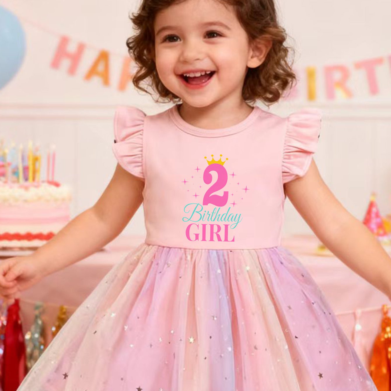 TEMU Two-year- Birthday Letter Print, Girls' Sleeve Tutu With Stars, Sequins, And Multicolor Mesh Dress