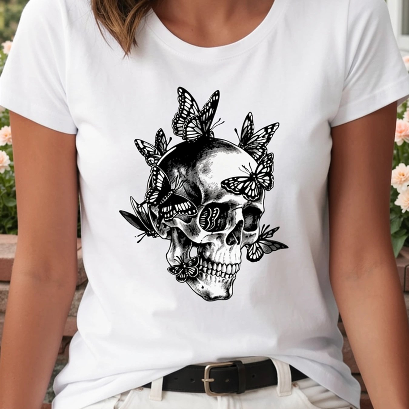 Image of Women's Casual Round-neck T-shirt With Skull And Design, Casual T-shirt