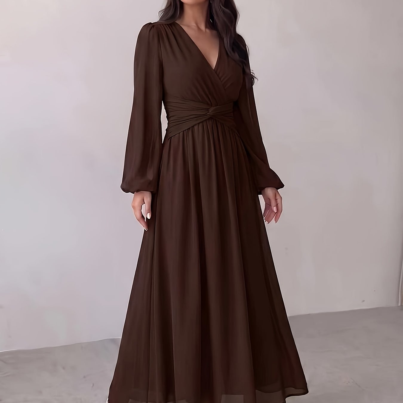 TEMU Women's Elegant Vintage -neck Chiffon Dress With Twisted Waist & A-line Silhouette - Smock Panel, , Lantern Sleeves Suitable For Afternoon Tea,