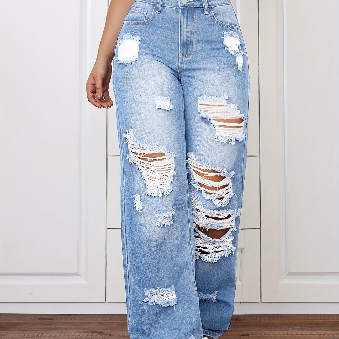 Light Blue Distressed Straight Leg Jeans