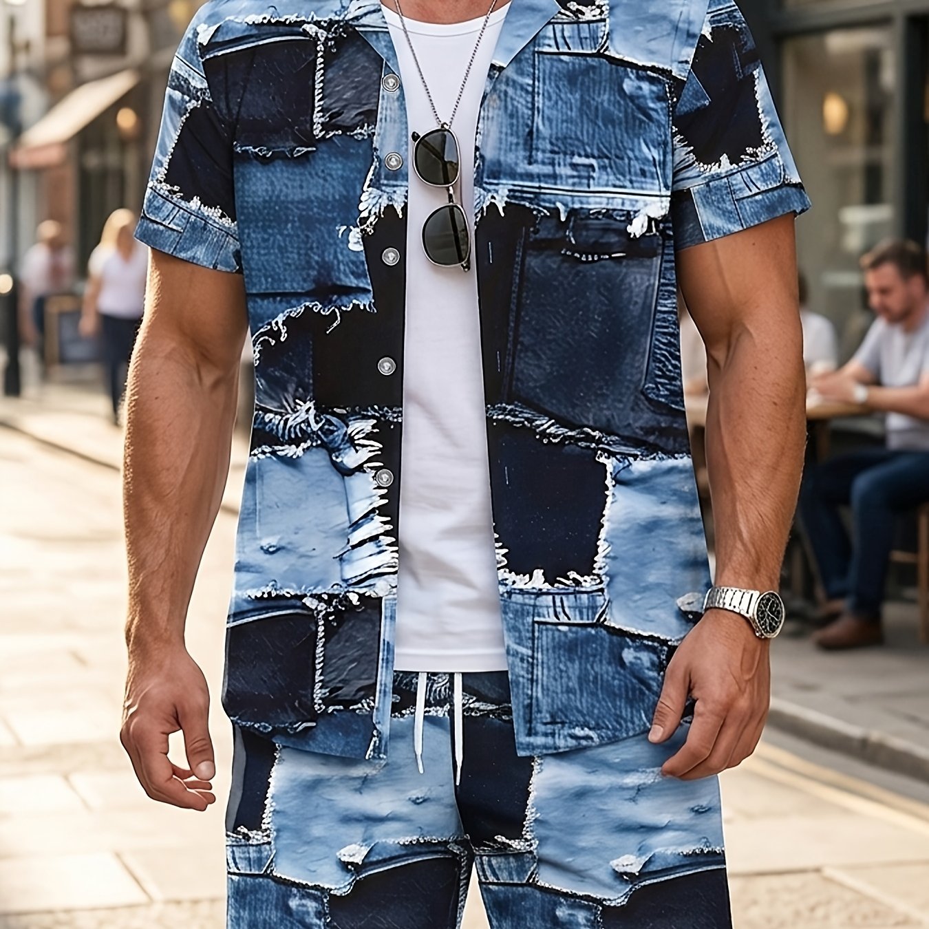 TEMU Conjunto de camisa y pantalones cortos para hombre con de mezclilla sintética, camisa de manga corta con estampado de de mezclilla sintética y