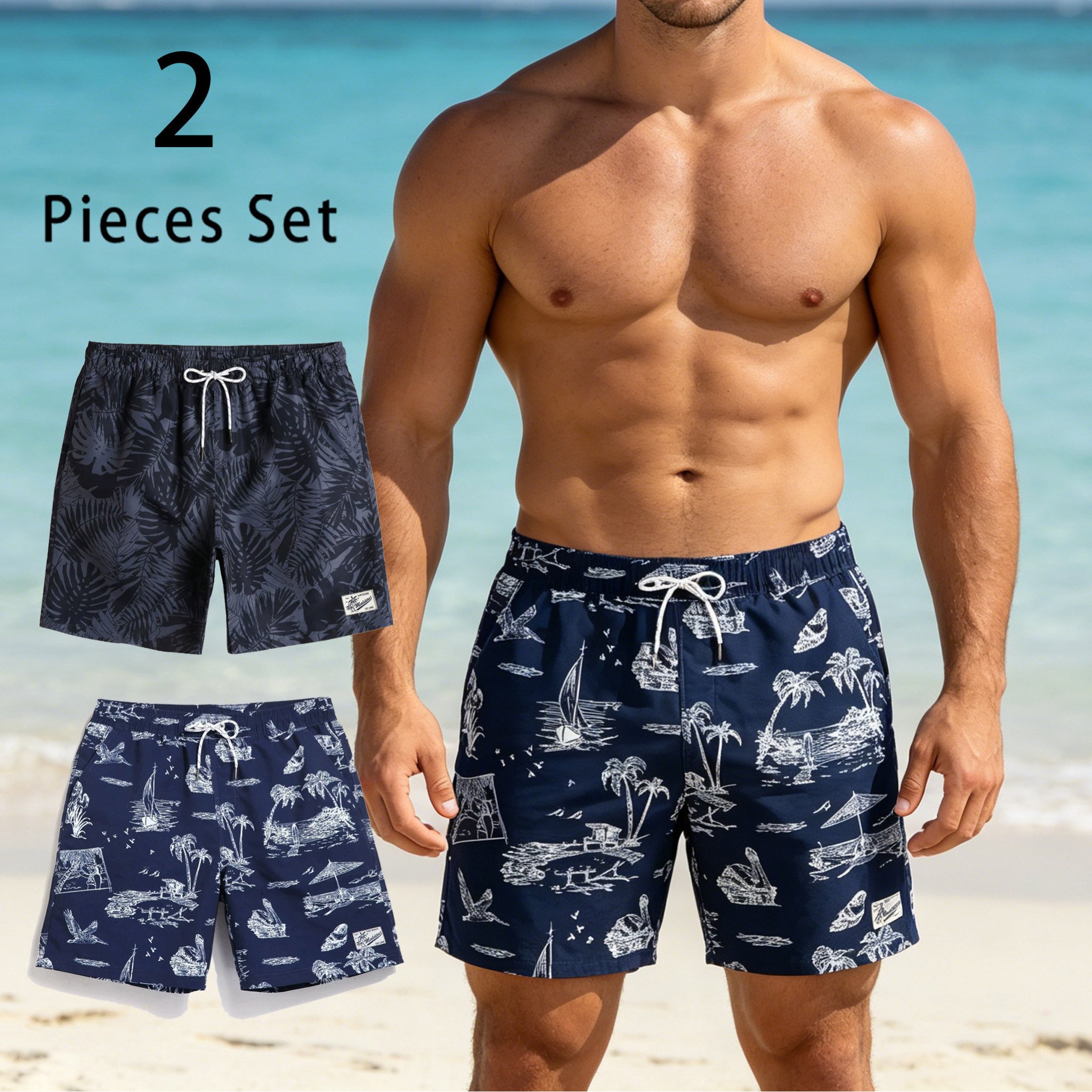2-pc Men's Comfortable Casual Shorts, Quick-dry, Breathable, Lightweight, Soft And Fitting, Suitable For Swimming, Travel, Vacation, And Pool Use, Plus Size