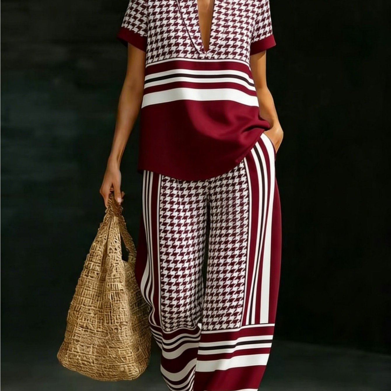 Image of Plus Size, Summer Women's 2pcs Set Plus Size Women's Set Stripe Print V-neck Short Sleeve Top & Wide Leg Pants Casual Vacation Outfit Red White