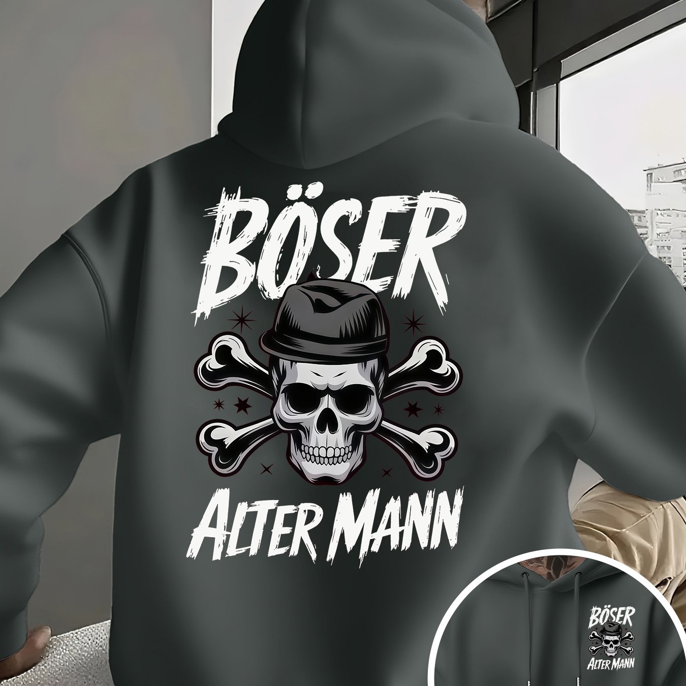 E-shop Neuer trendiger Herren-Hoodie, lässiger Alltags-Kapuzenpullover mit Kordelzug Totenkopf-, Federschädel- Hut-Aufdruck, BÖSER ALTER MANN, mit
