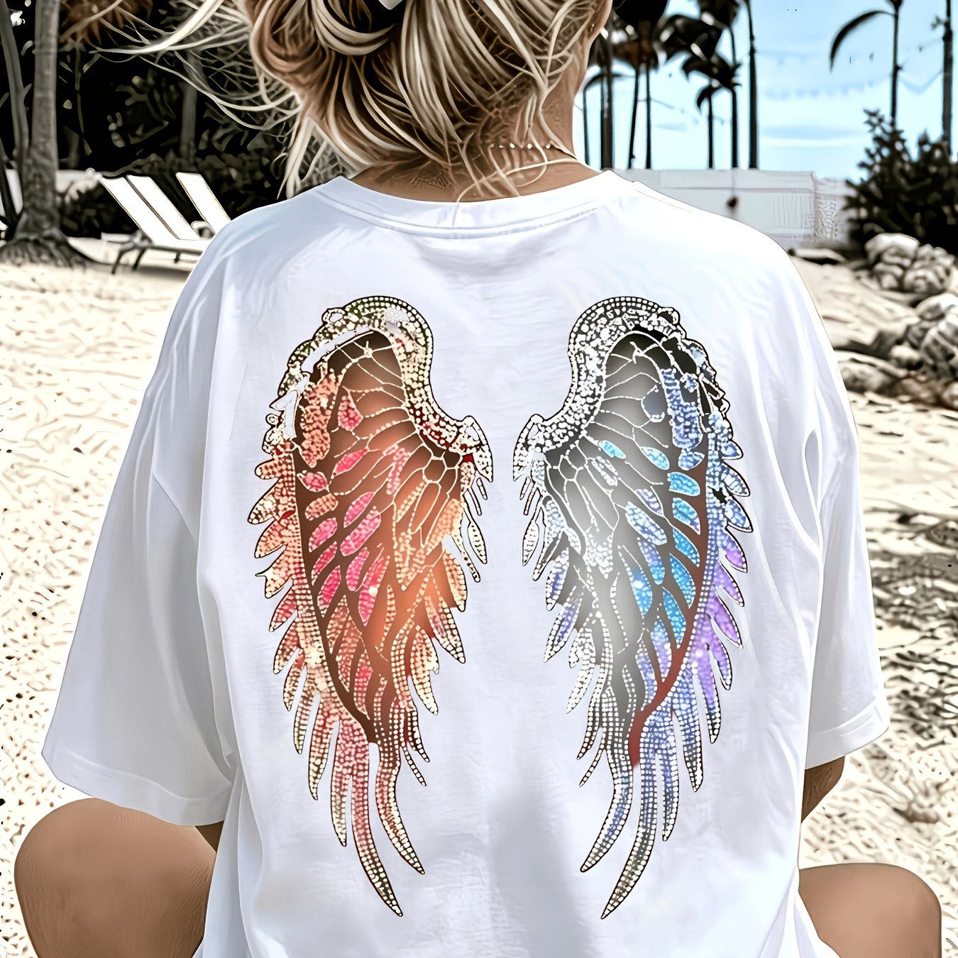 A T-shirt Designed With Colorful Rhinestone Wings Theme Women's T-shirt High Quality T-shirt Suitable For Summer Beach Vacation Daily Wear Gift For Who And Designs