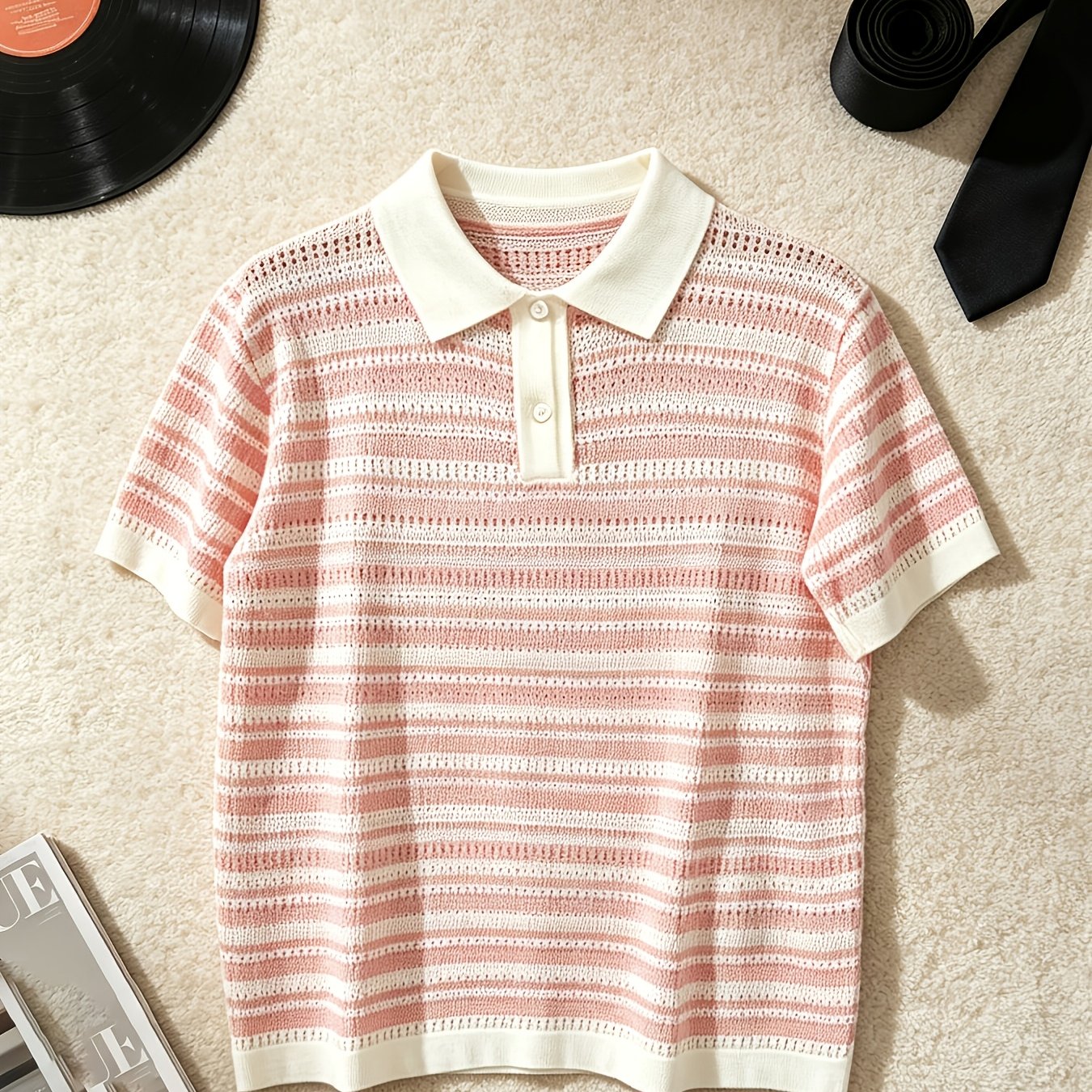 TEMU Men's Casual Striped Knit Shirt, Lightweight Hollow Short Sleeve Shirt, Business Casual All-match Comfortable
