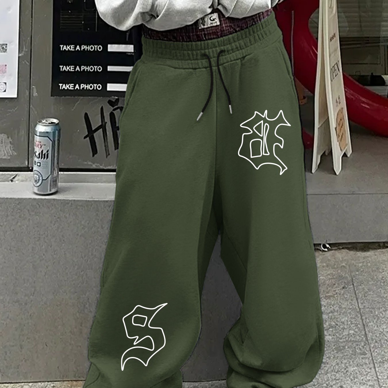 TEMU Men's Oversized Straight-leg Jogger Pants With Letter '' Print (compatible For Xxxp/xlxxl) - Loose-fit Casual Trousers, Adjustable Drawstring
