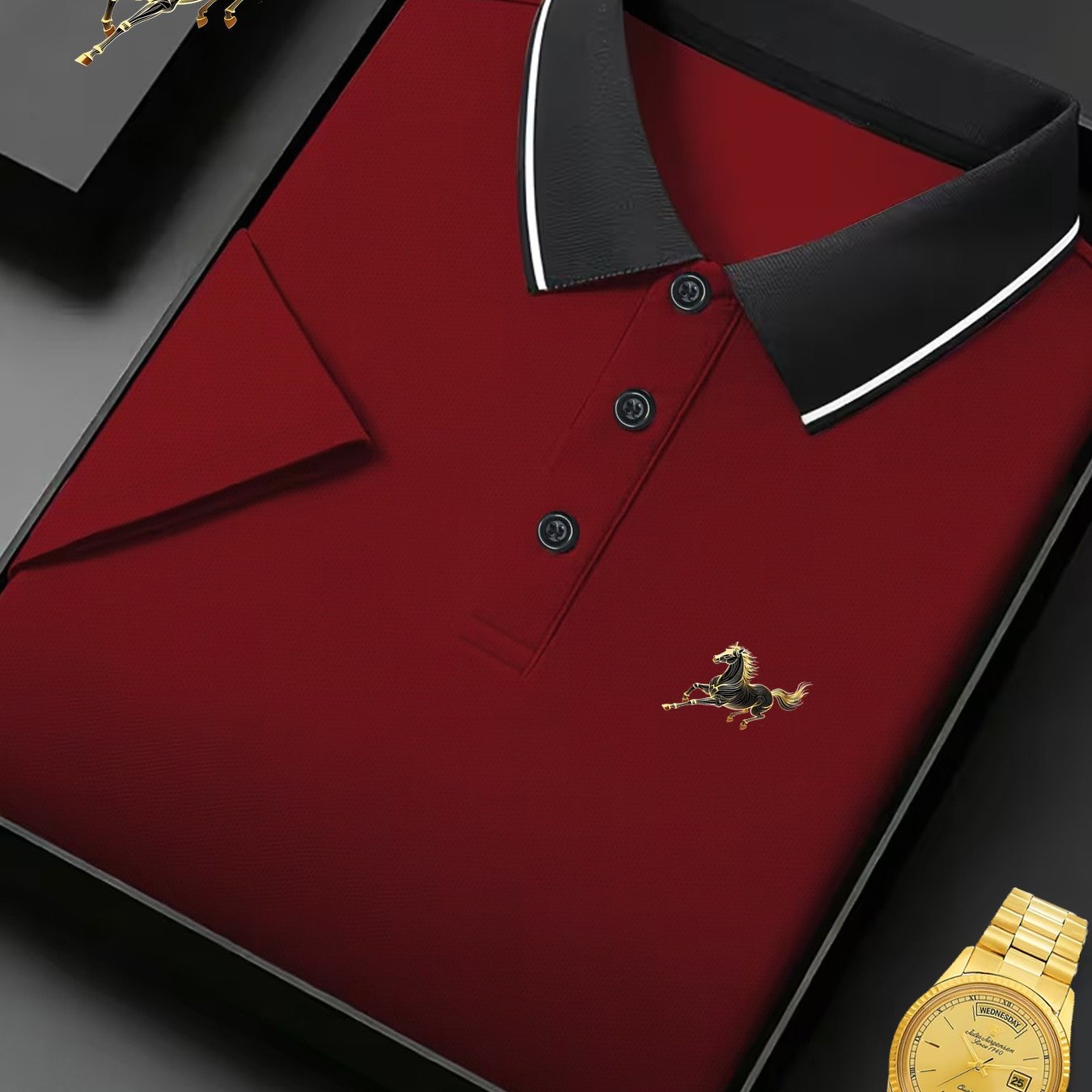 TEMU C034-s8 Golden-trimmed Print Premium Men's Business , Mesh Quick-dry Fabric, Casual Sport Shirt, Golf Shirt, 's Gift - Durable, Comfortable, And