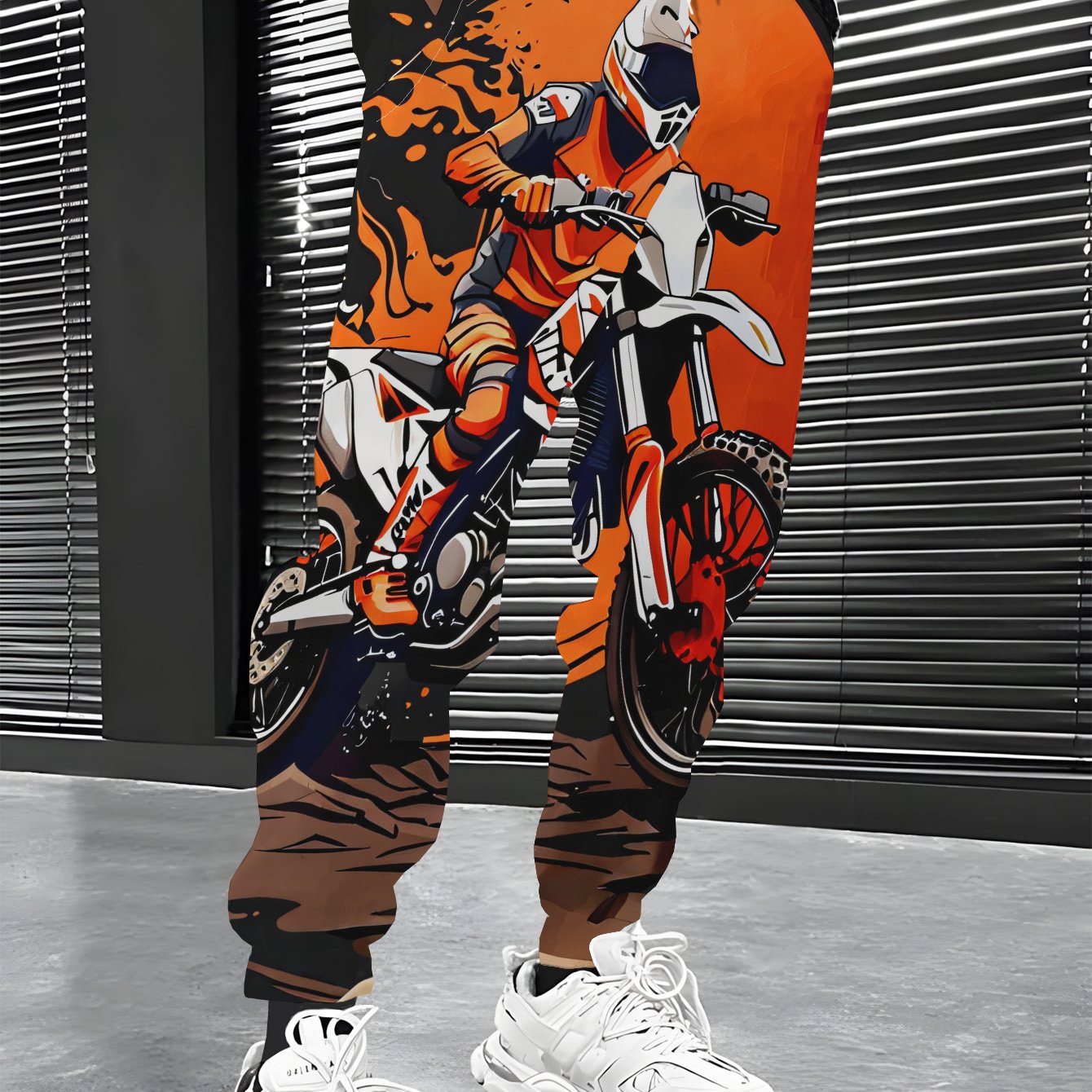 TEMU Men's Fashion Orange Rider Print Joggers With Drawstring And Pockets - Comfortable Polyester Casual Sport Pants, Featuring A Motocross Rider