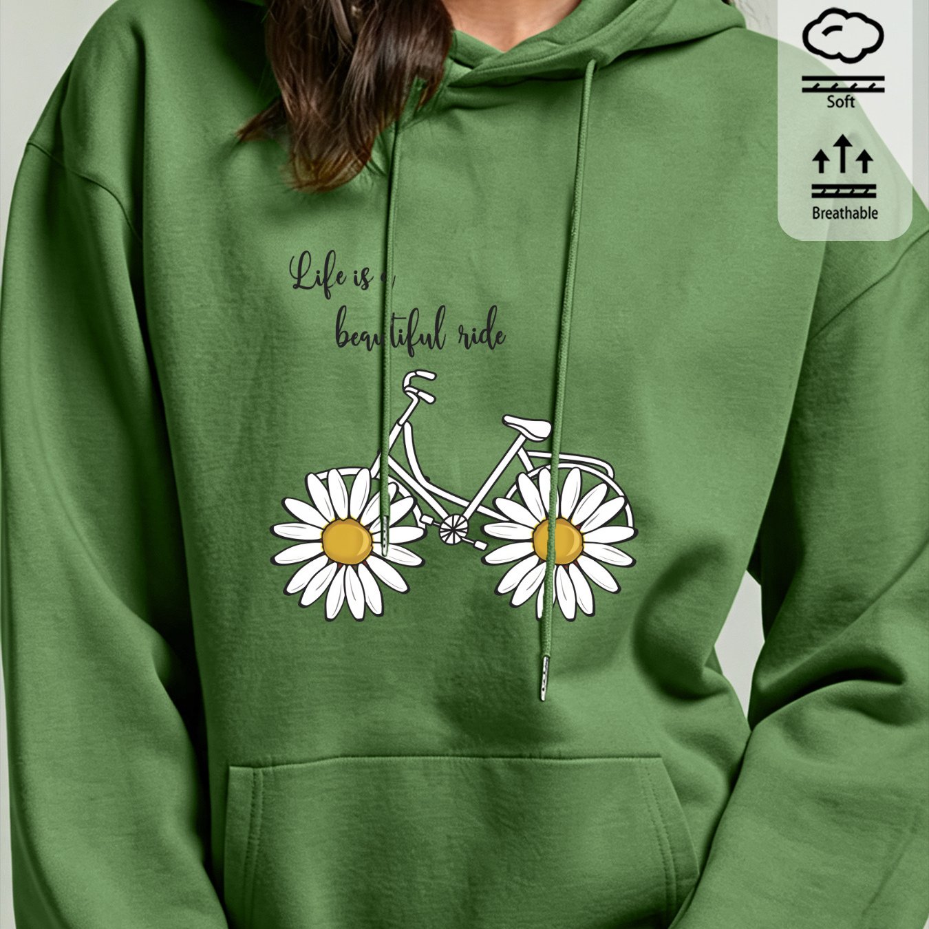 Image of Autumn Winter Women's Hoodie With Retro Floral Bike Print And Daisy Graphic, Casual Drawstring Pullover Top For Everyday Street Style