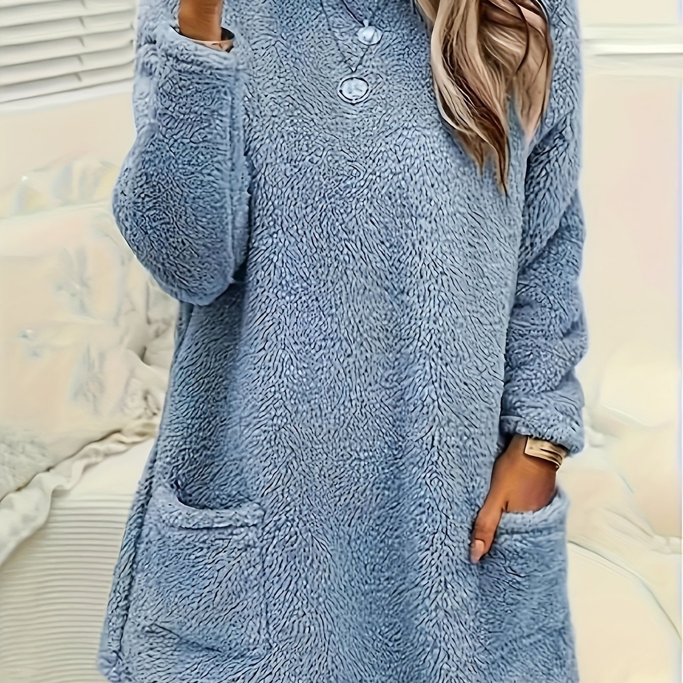 E-shop Einfarbiger Teddy-Warmhalte--Hausanzug, Mittellang, Verdickter Plüsch, Langarm-Pullover mit Tasche