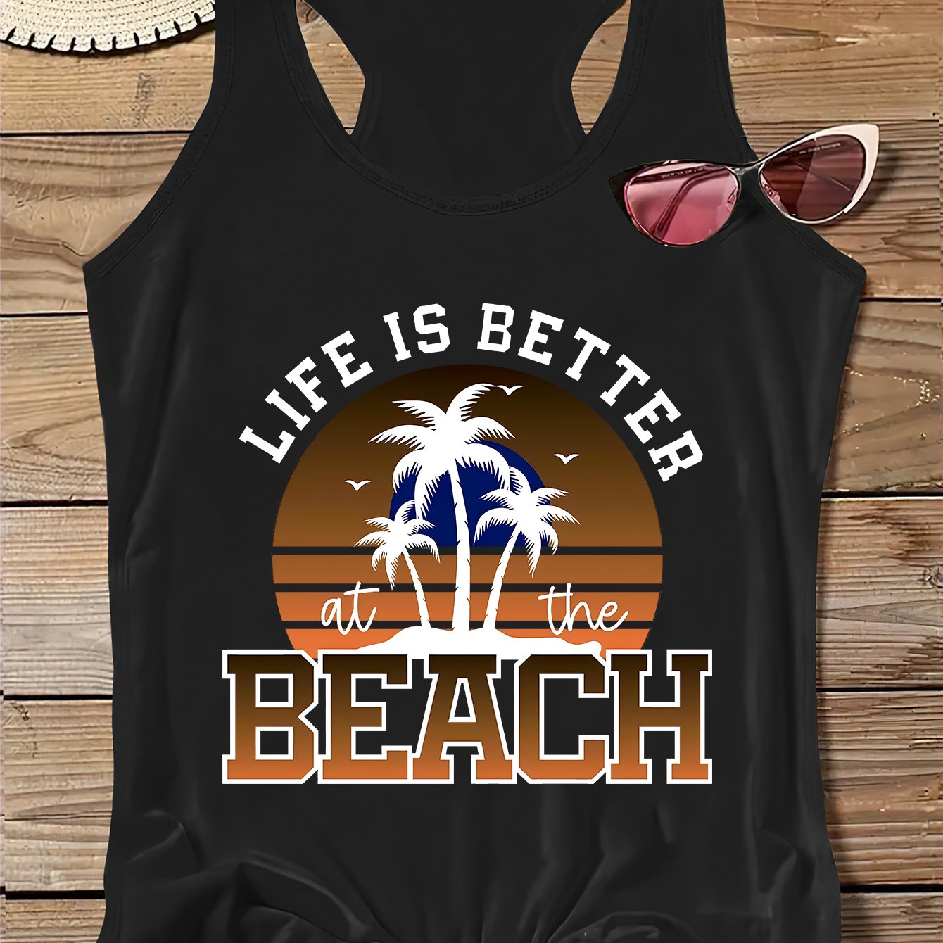 TEMU Plus Size Casual Polyester Tanktops, Zomer Mouwloze V-hals Camis met Hart & Palmboom Print, Licht Elastische Strand Shirts