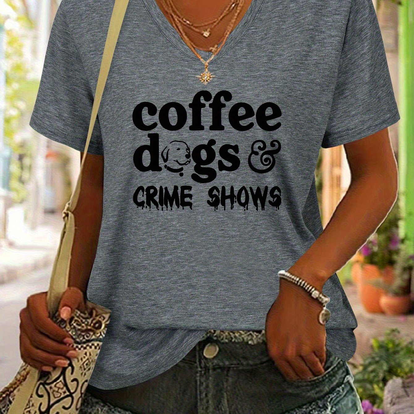 TEMU Women' Dog And Show Pattern V-neck T-shirt- Soft Casual Short Sleeve Top With Paw Print Design, Regular H-cut, Machine Washable For Spring,