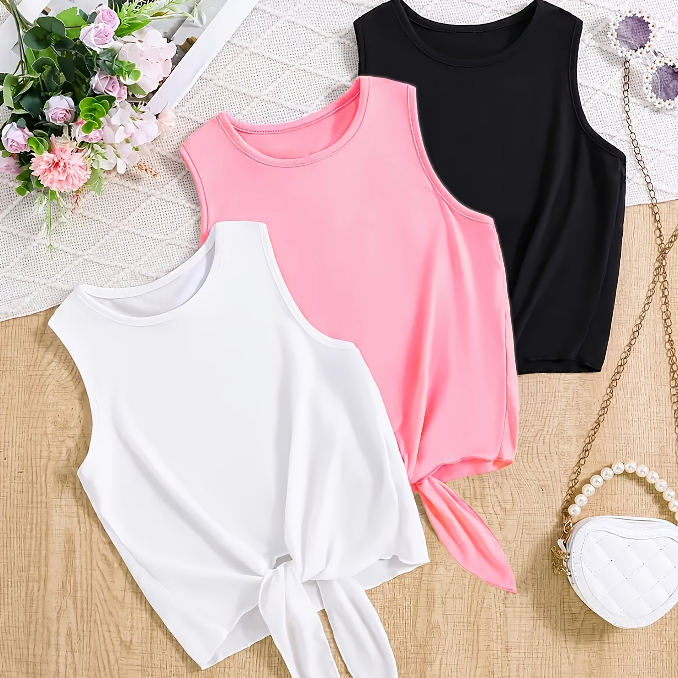 Image of Girls' Fashion Tie-back Twisted Decor Vest 3pcs Set, Casual Comfortable Daily Outing Wear