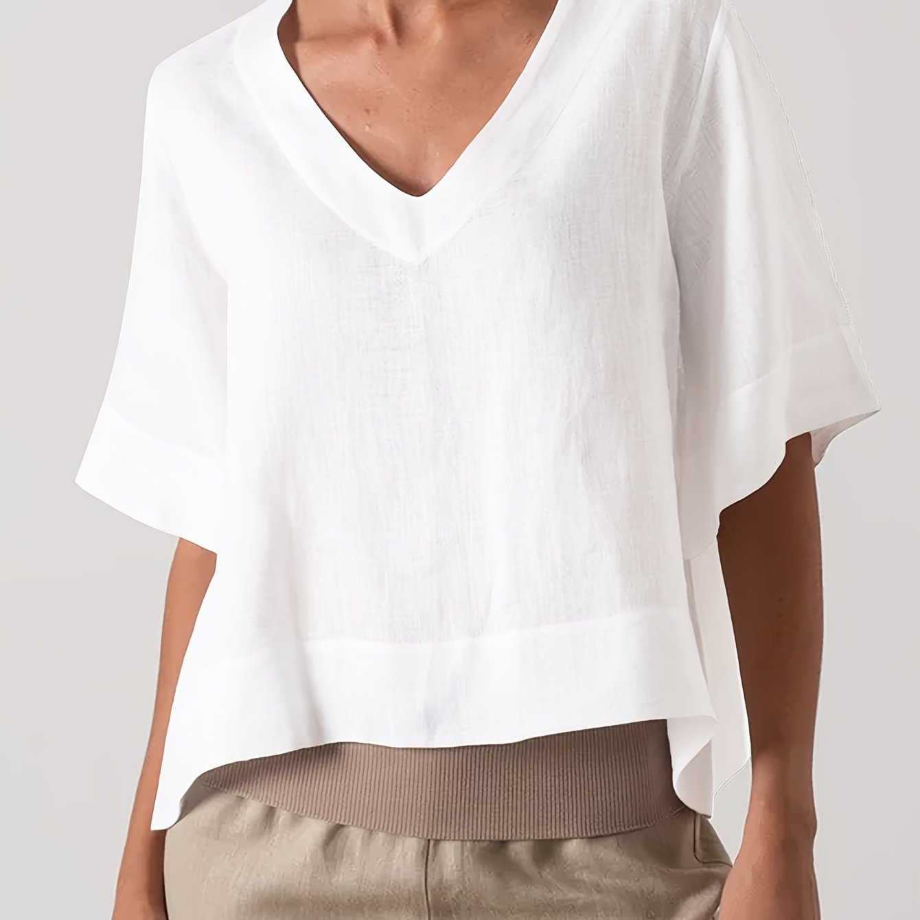 Solid Color Loose V-neck Short-front Long-back Sweater Top