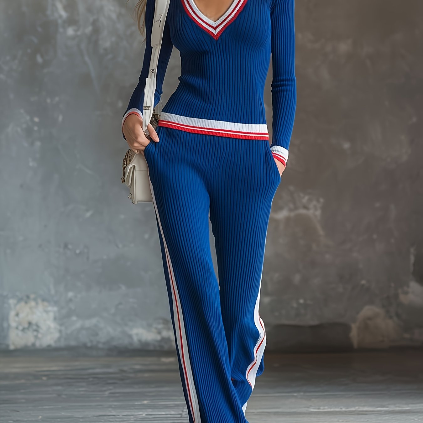 TEMU Retro Casual Color-blocking Blue V-neck Long-sleeve Top And Pants Set, Stylish And Comfortable, Suitable For All Body Types, Wearable From To