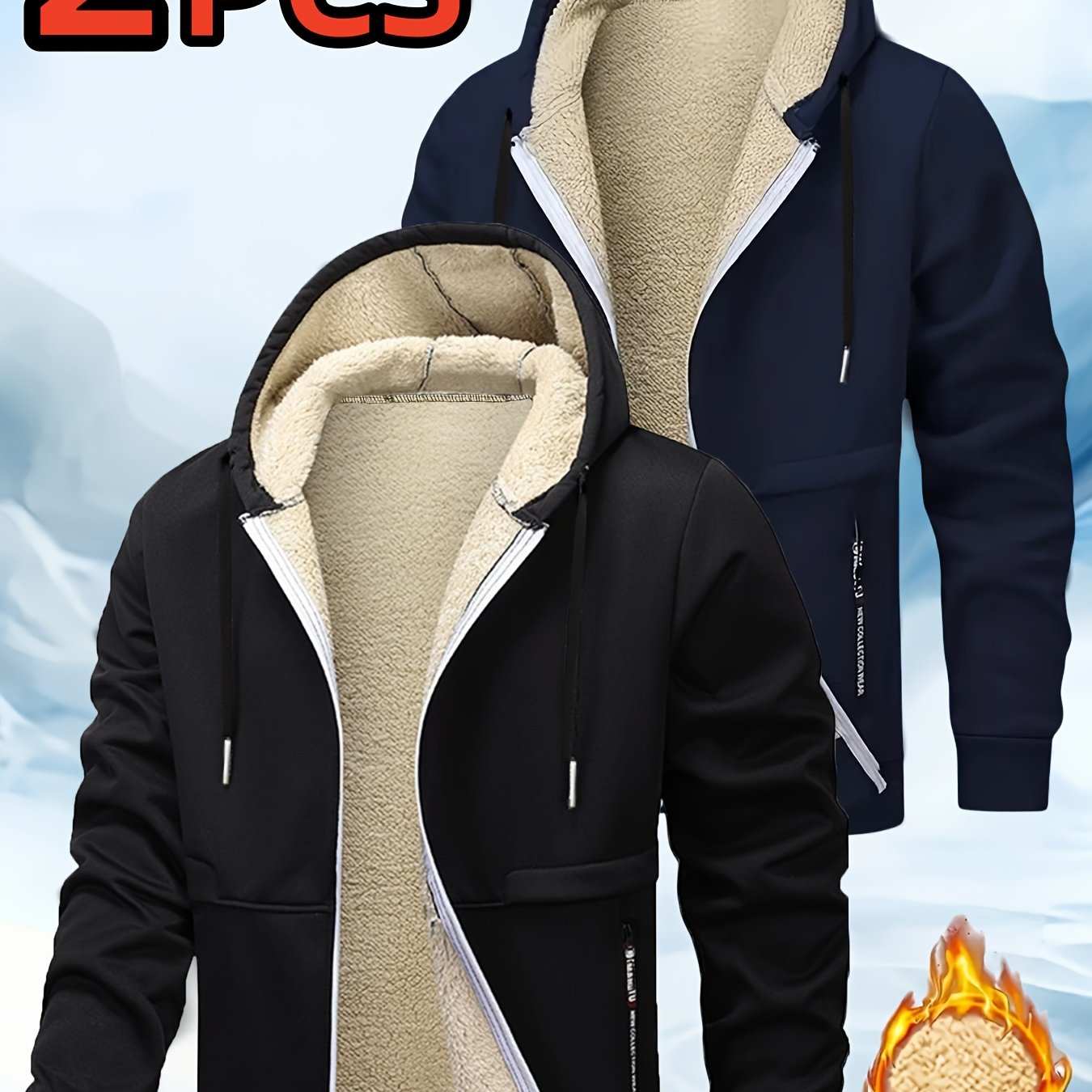 TEMU Conjunto de Chaqueta con Capucha para Hombre de 2 Piezas, Forro Polar de Invierno, Cremallera Frontal Completa, Bolsillos , Conjunto de Abrigo