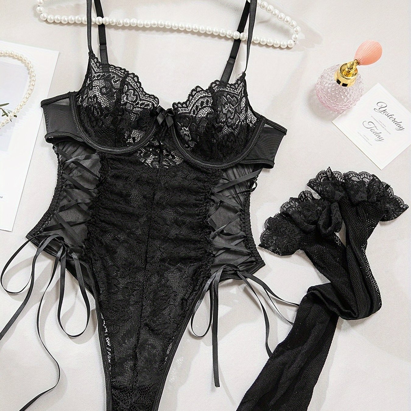 TEMU Women's Lace Trim Mesh Bodysuit Shapewear