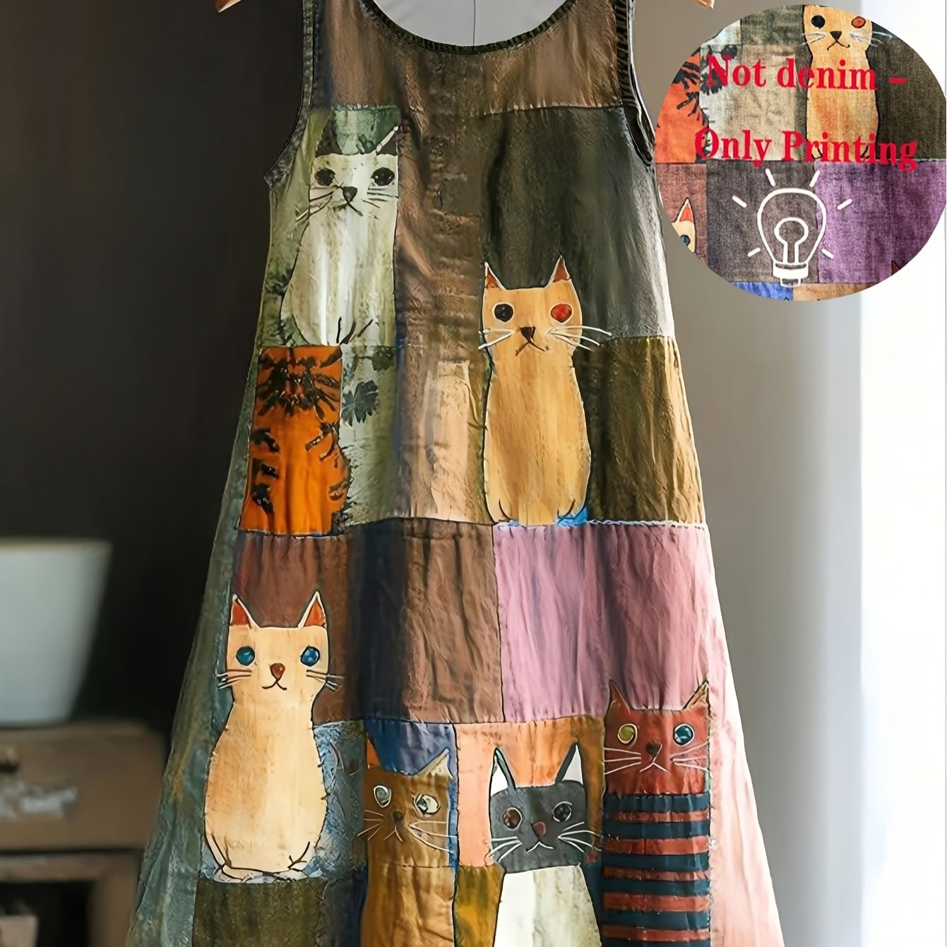 TEMU [printed Design â Not Textured] Printed Design, Women's Cat Print Sleeveless Dress, Loose , Mid-length Skirt