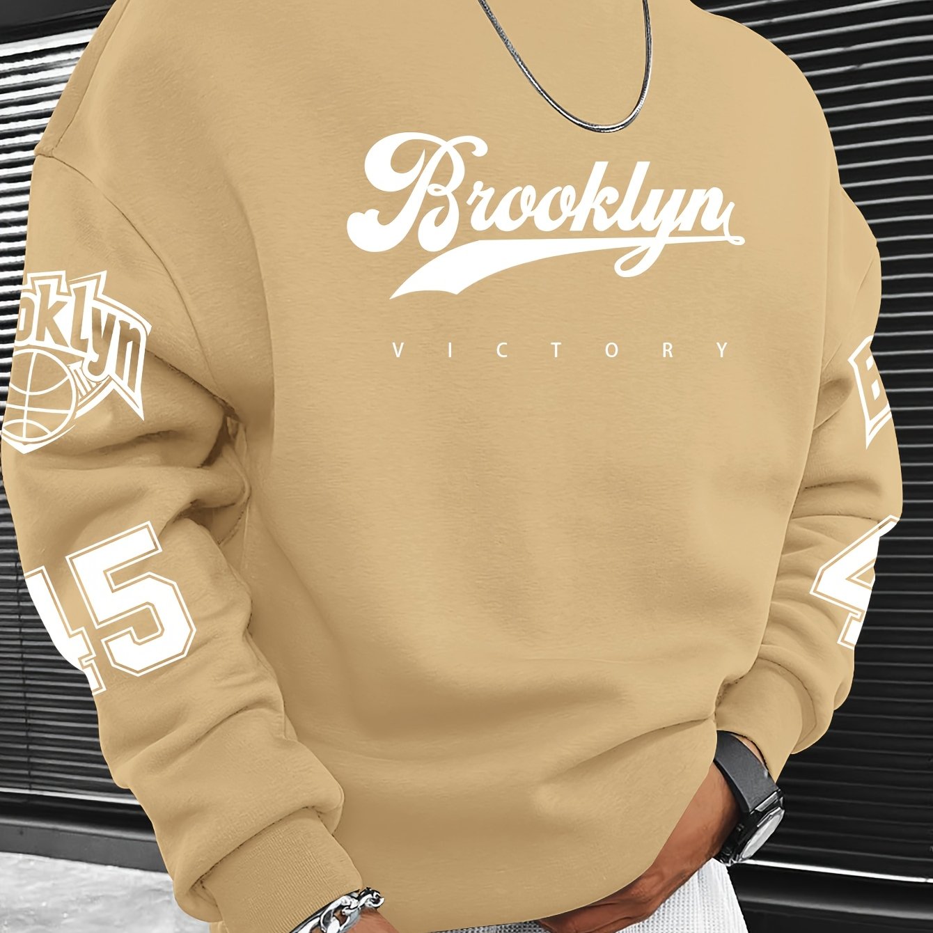 TEMU Sudadera de Cuello para Hombre, Corte Holgado, Estampado de “Brooklyn”, Larga, y Streetwear, Diseño Casual para Otoño e Invierno, Ideal para