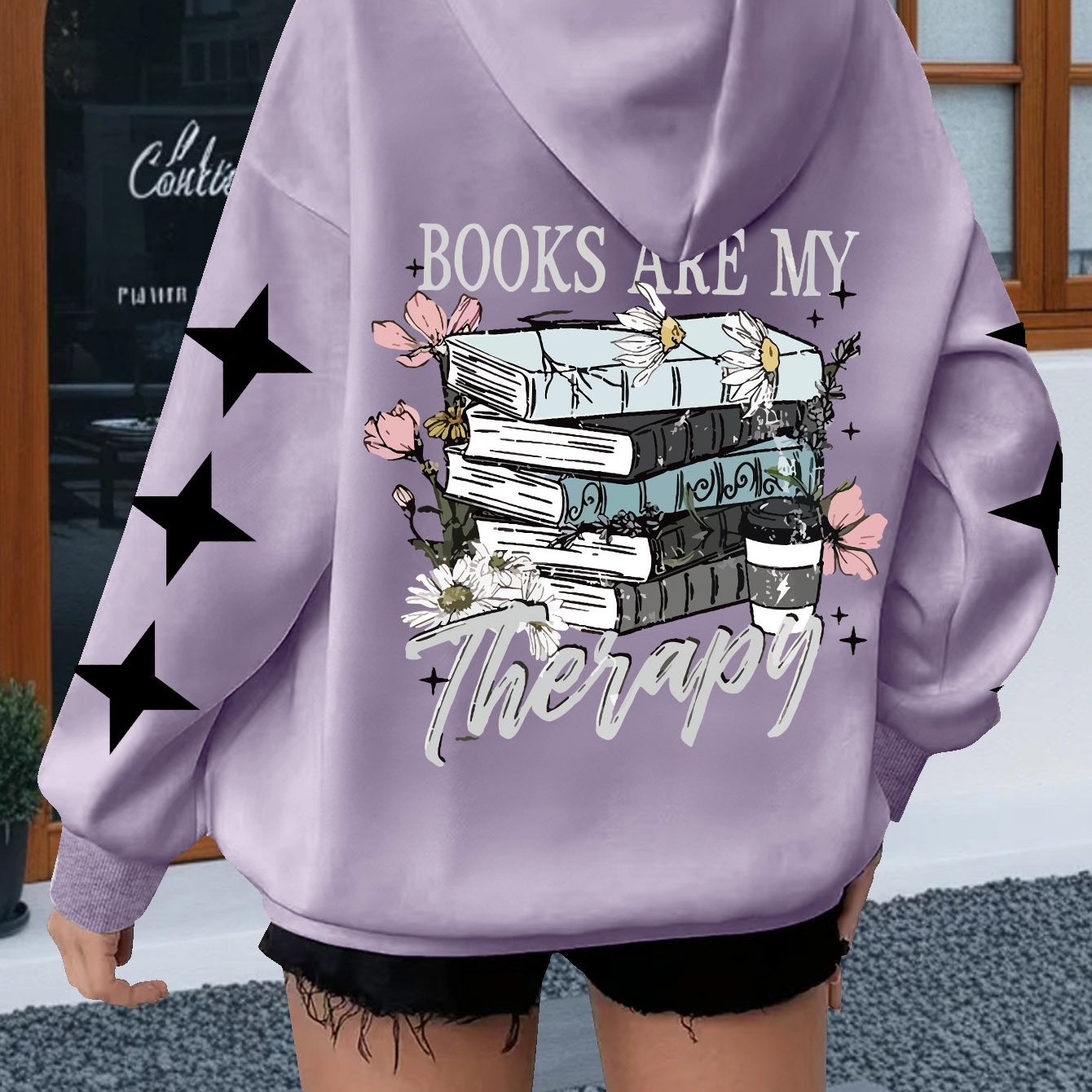TEMU Plus Size, Book Coffee Artistic Print, Casual Plus Size Women's Hooded Sweatshirt For Book Lovers