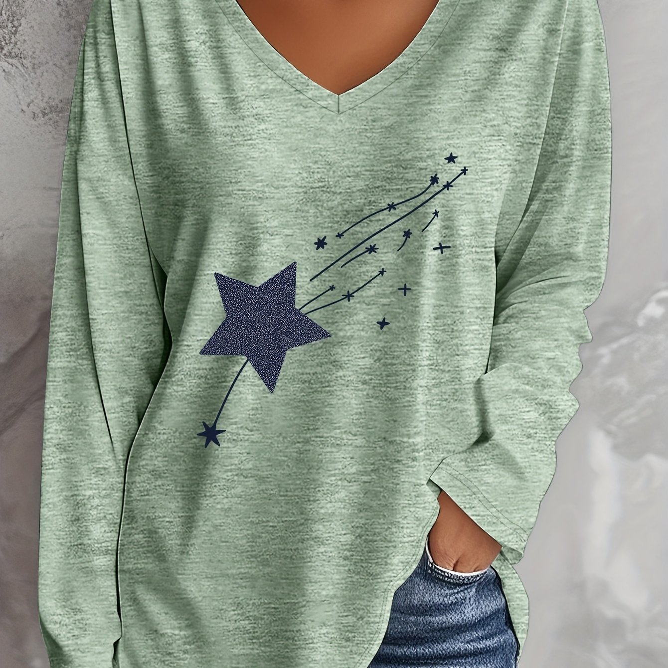E-shop Damen-Freizeit-T-Shirt in Übergröße mit V-Ausschnitt langen Ärmeln für Frühling/Sommer, mit fliegendem Pusteblumen- fünfzackigem Stern-Aufdruck.