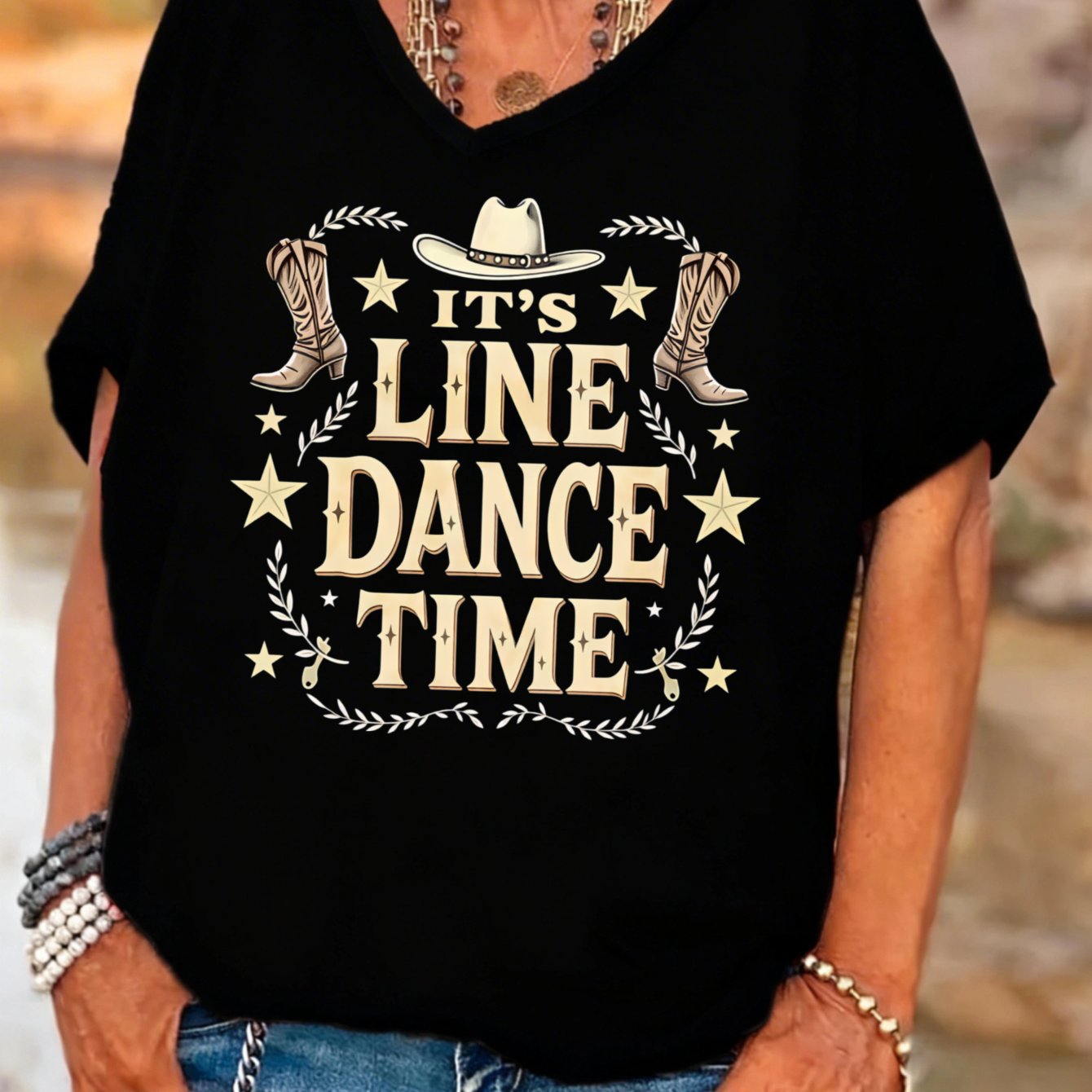 TEMU Plus Size - Casual Western Style Plus Size Women's V-neck Batwing Sleeves T-shirt Time Cowboy Boots Hat Graphic Tee Summer Fall Outfit Gift For
