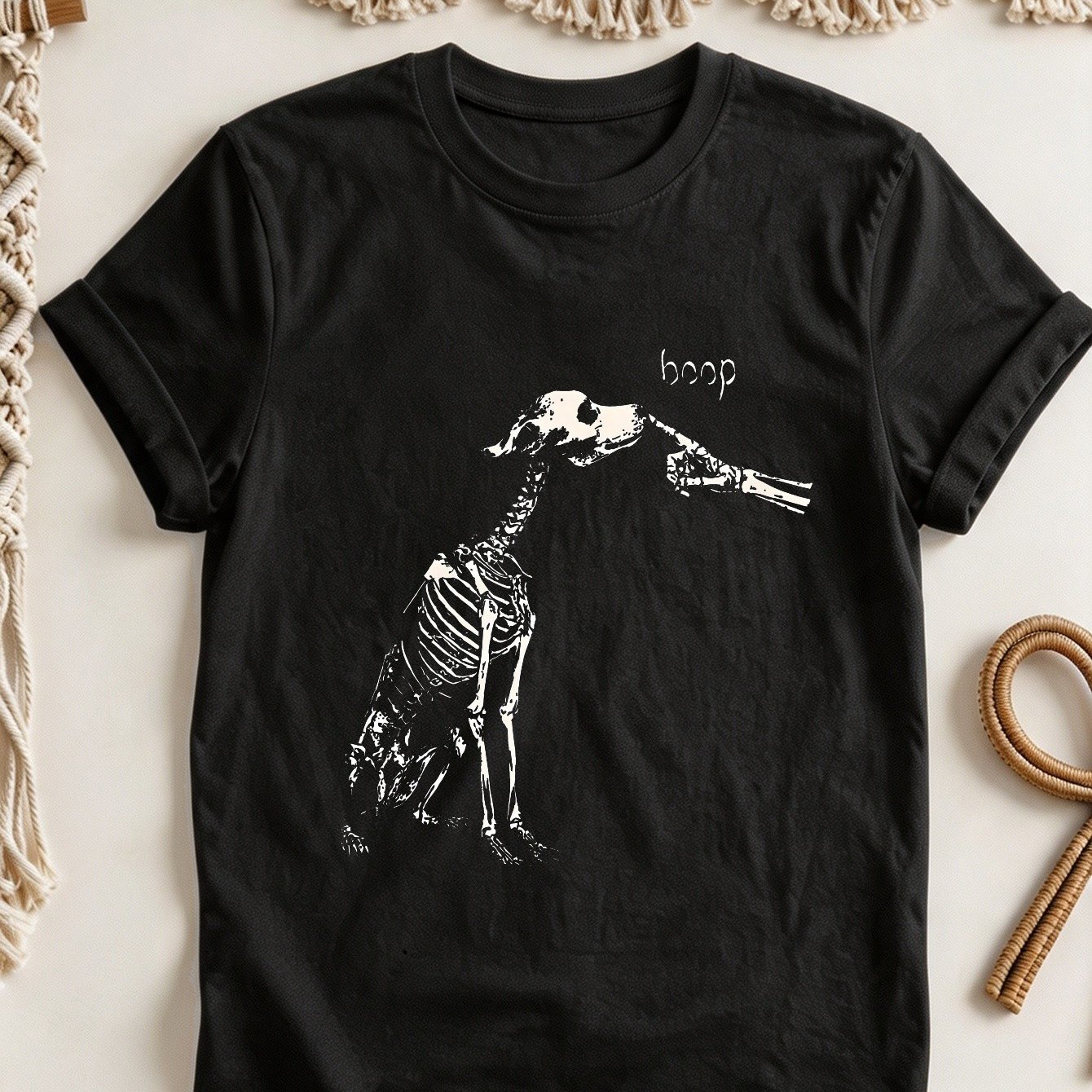 Image of Plus Size Women Skeleton Dog Funny Gothic Pure Short Sleeve Crew Neck T-shirt, Minimal Small Left Chest Graphic Print Tee, Casual Everyday Top For Late Summer Early Fall Layering Daily Wear