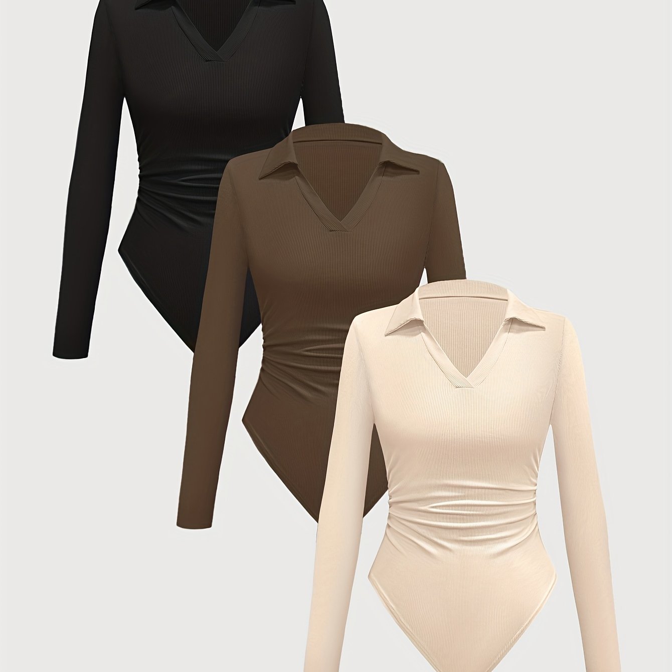 Image of Spring Summer Autumn Winter Women's 3pcs Long Sleeve Ribbed Elegant Style Base Layer V-neck Lapel Bodycon Jumpsuit Casual Wear