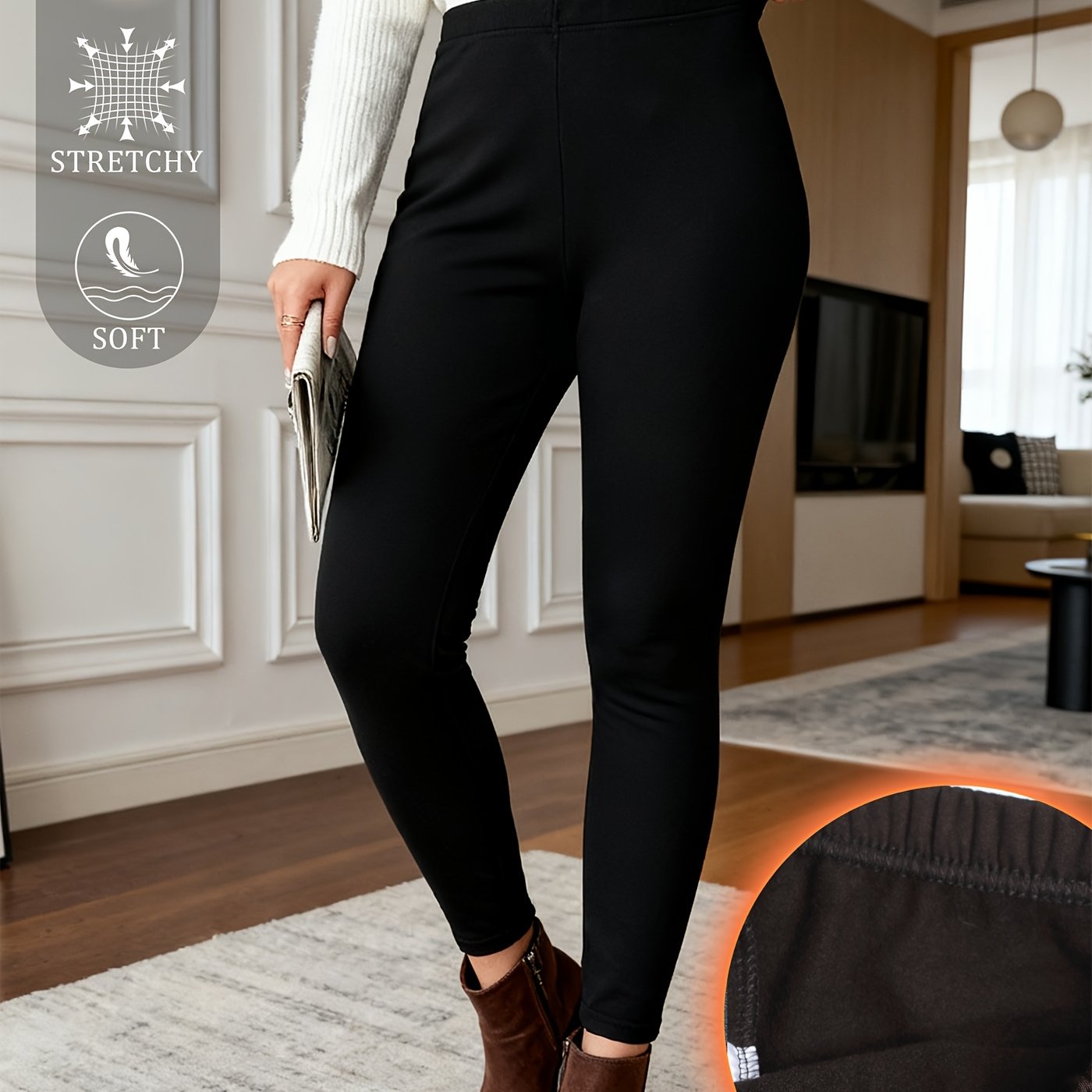 TEMU 1 pièce Pantalon cheville extensible brossé de couleur unie pour femme, Legging couche de base moulante décontracté et léger pour femme