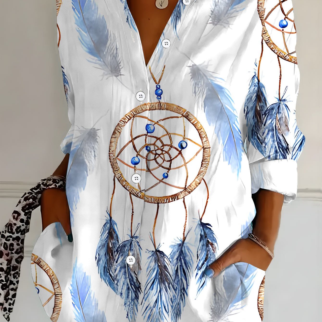 TEMU Plus Size, Plus Size Women's Long Sleeve Dreamcatcher Print Shirt With Elements, Midi-length Casual Blouse For, And , Soft, Comfortable,