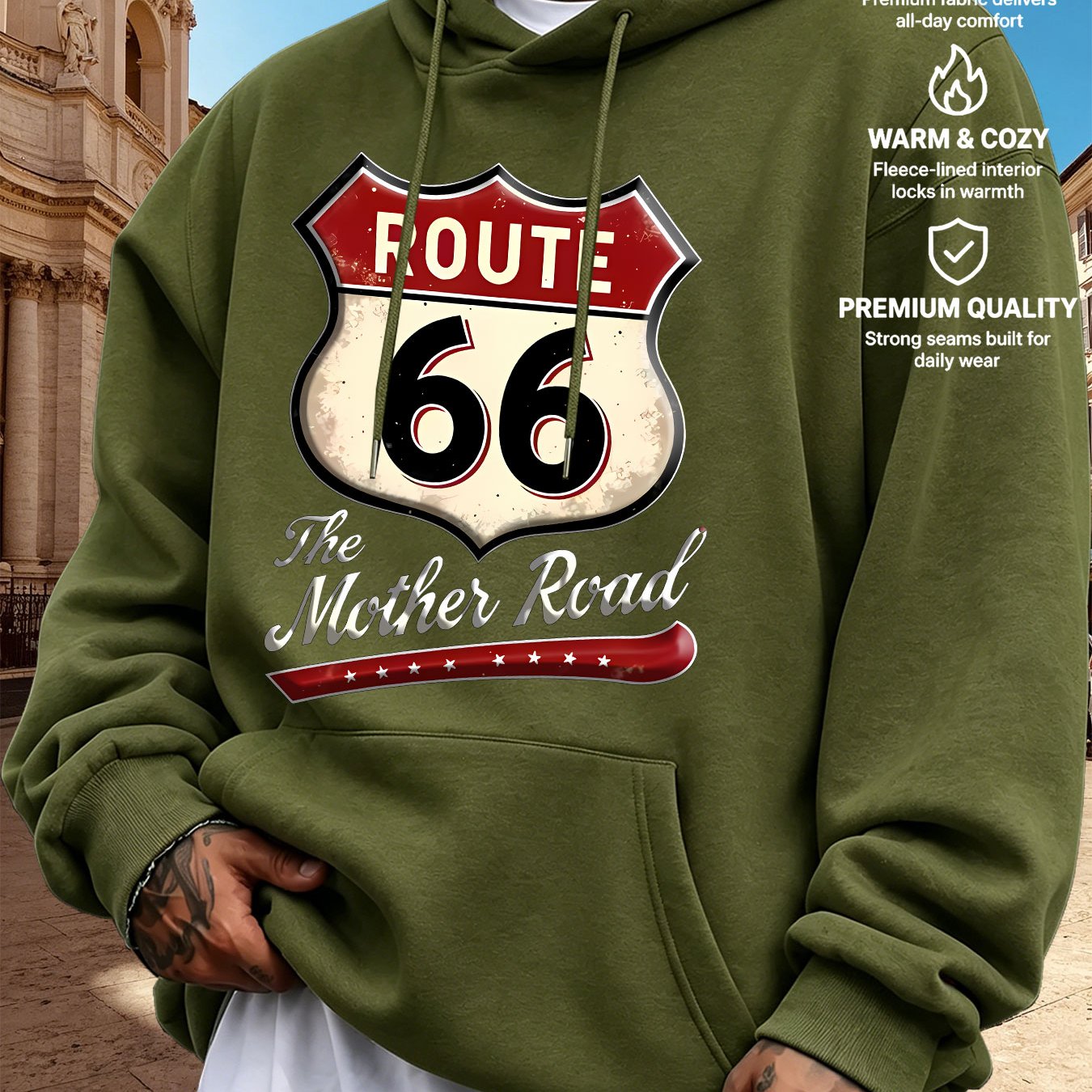 TEMU Men's Hooded Sweatshirt With Road Badge Print, Style, Mature