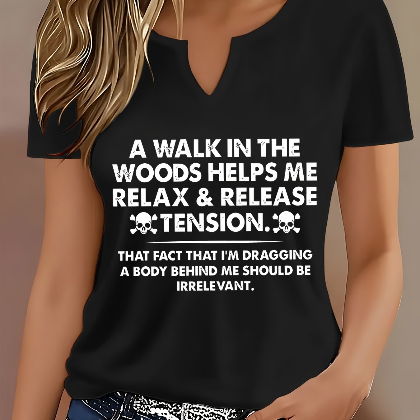 TEMU V Neck Graphic T Shirt Women Comfortable Casual Everyday Top With Skulls Text Dark Humor Edgy Rebellious Style For