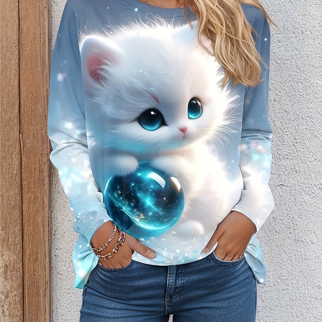 TEMU Women's Elegant Crew Neck Long Sleeve T-shirt With Whimsical Kitten And Orb Graphic, 100% Polyester Knit Fabric, Animal Pattern, Regular Fit For Spring/summer/fall - Polyester Composition