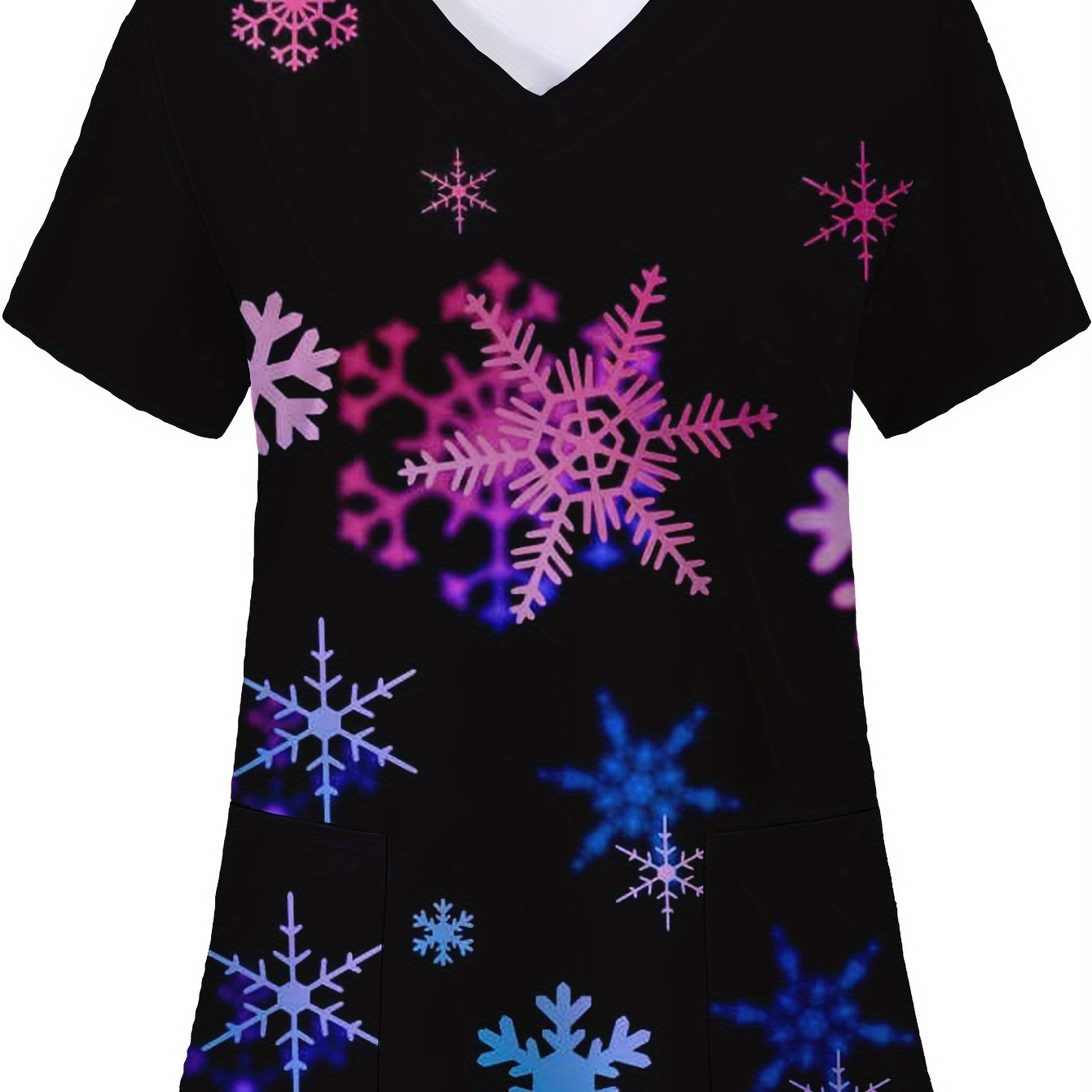 TEMU Plus Size, Women's Plus Size Snowflake Print T-shirt, Casual And Fashionable Black V-neck Short Sleeve, Simple And Exquisite Nurse Top