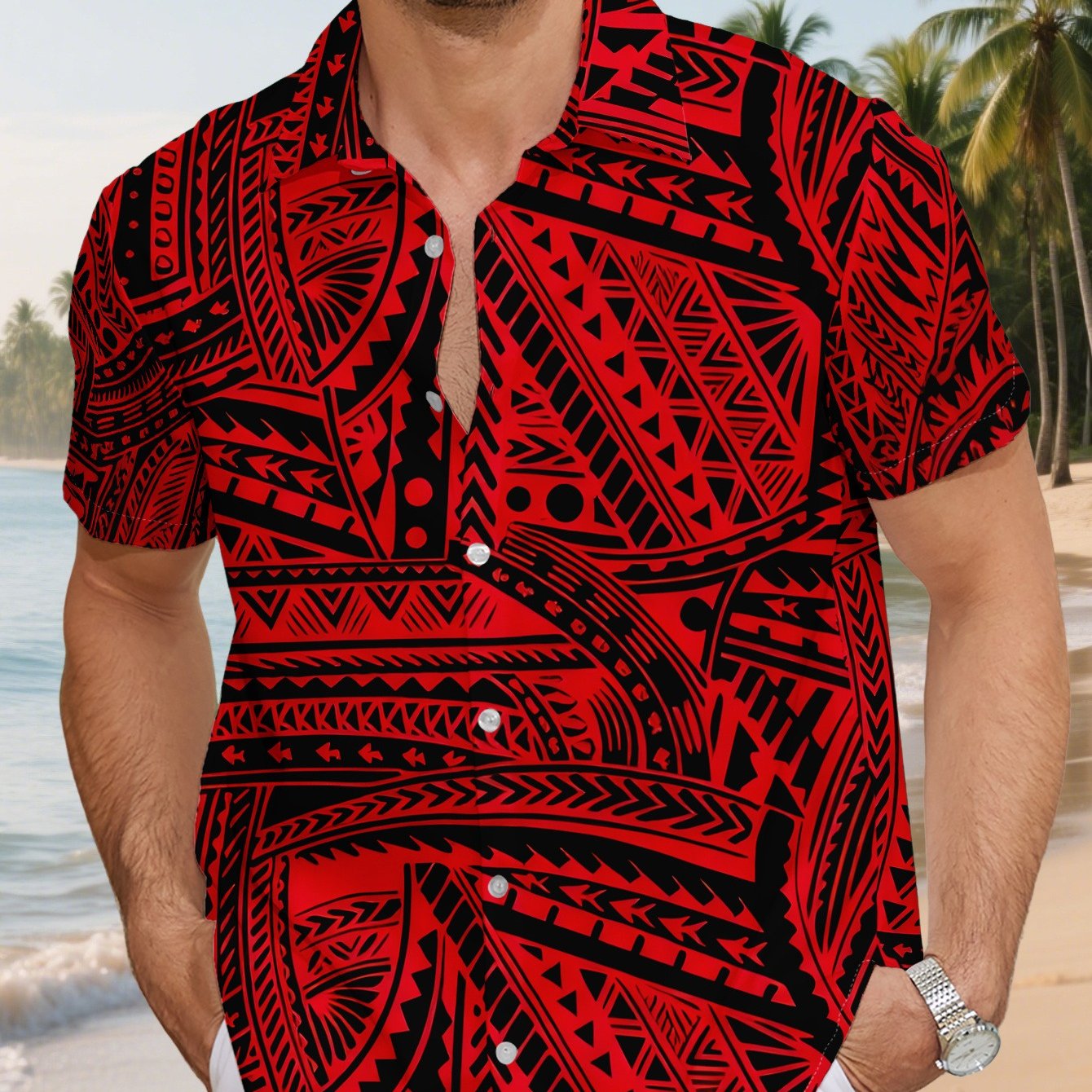TEMU Men's Hawaiian Shirt, Red Background Black Traditional Floral Pattern Print Fashion Tie-front Short Sleeve Top
