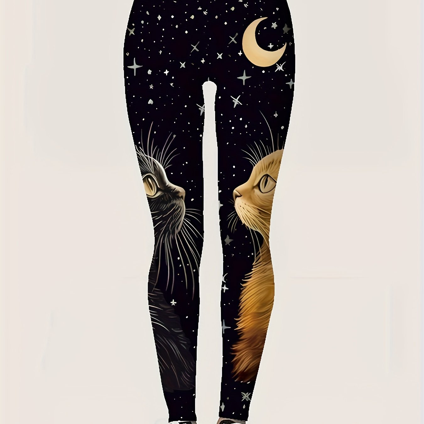 Image of Girls' Cute Cat And Starry Capri Leggings, Casual Elastic Waist Stretchy Tights, Perfect For Outdoor