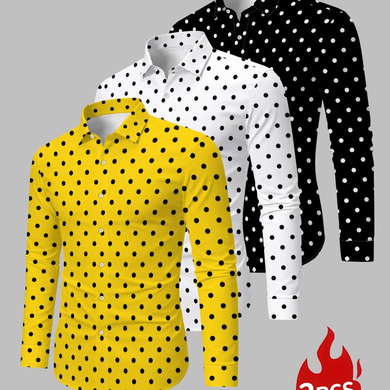TEMU Men's Polka Dot Long Sleeve Shirt 3pcs Set, Business Casual Lapel Shirt, Daily Fashion Top Combination, 3pcs