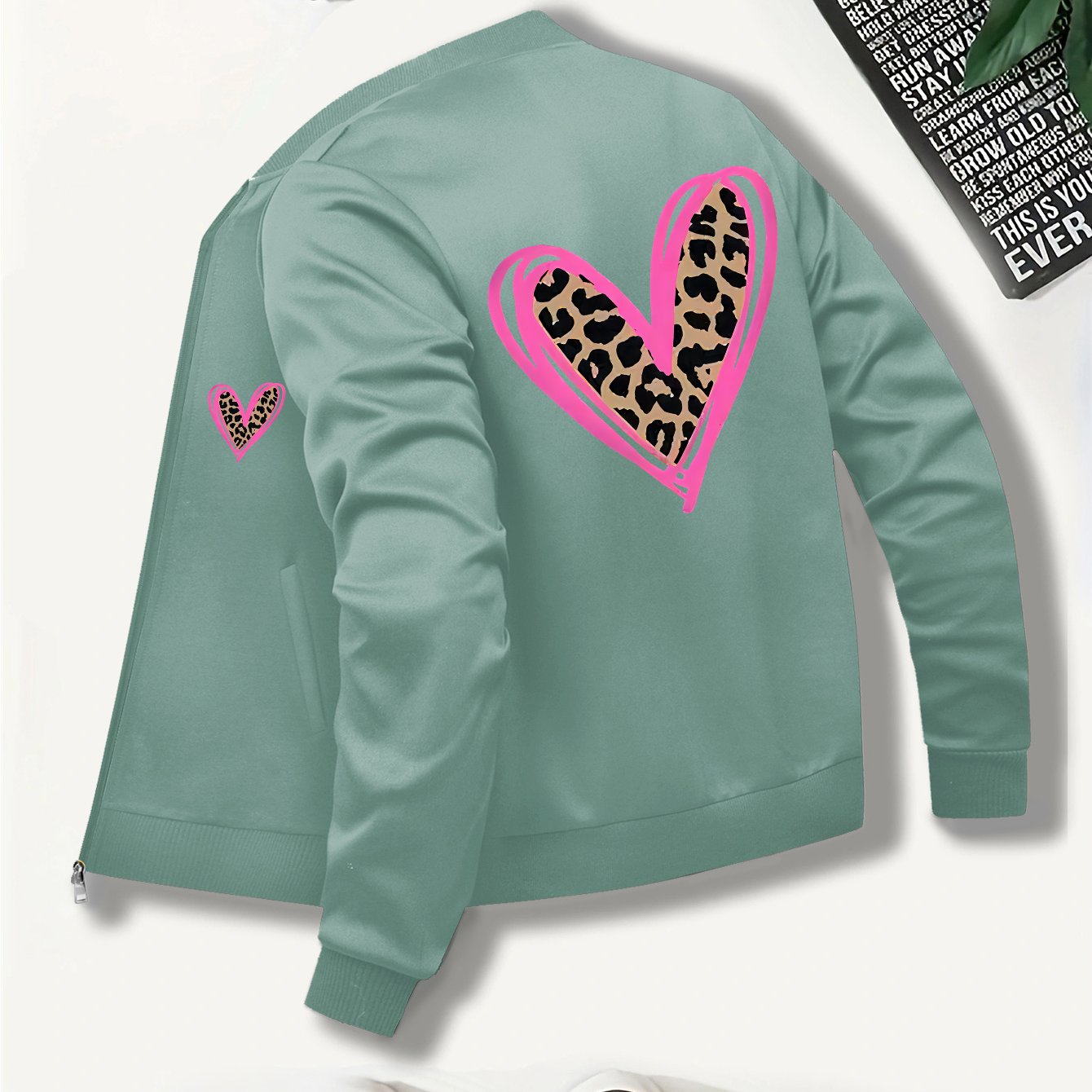 TEMU Valentine's Day Heart Print Women's Casual Jacket With Stand Collar And Zipper, Long Sleeve Outerwear For Spring, Autumn, And Winter