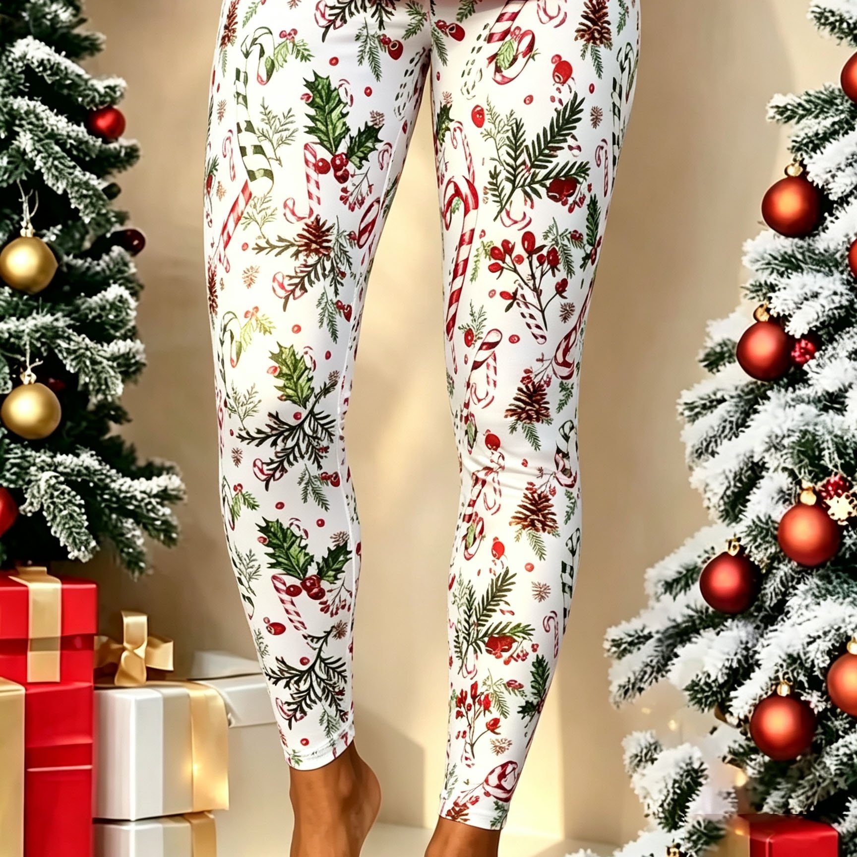 TEMU Women's Christmas Candy Pine Branch Christmas Theme Printed Leggings Retro Design Outing Festive Atmosphere Long Pants