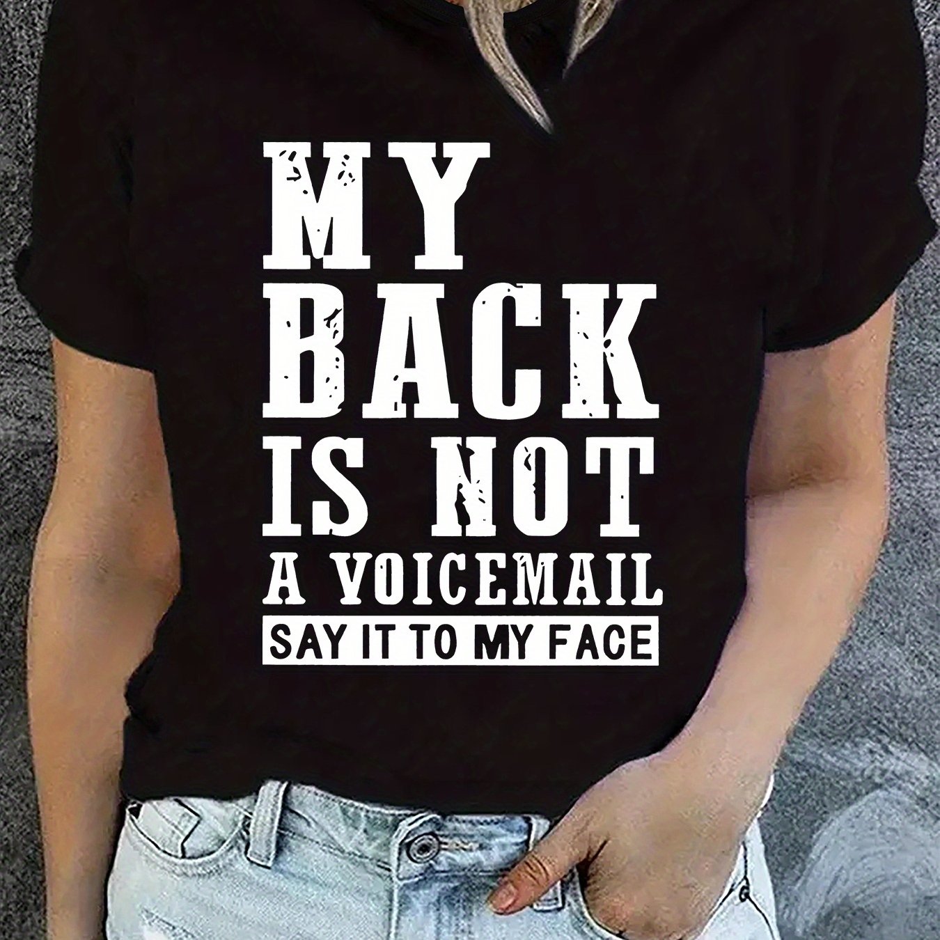 TEMU Plus Size - Plus Size Women's Casual T-shirt - "my Back Is Not A " Print, Round Neck, Short Sleeve, Slightly Elastic Fabric, Comfortable &