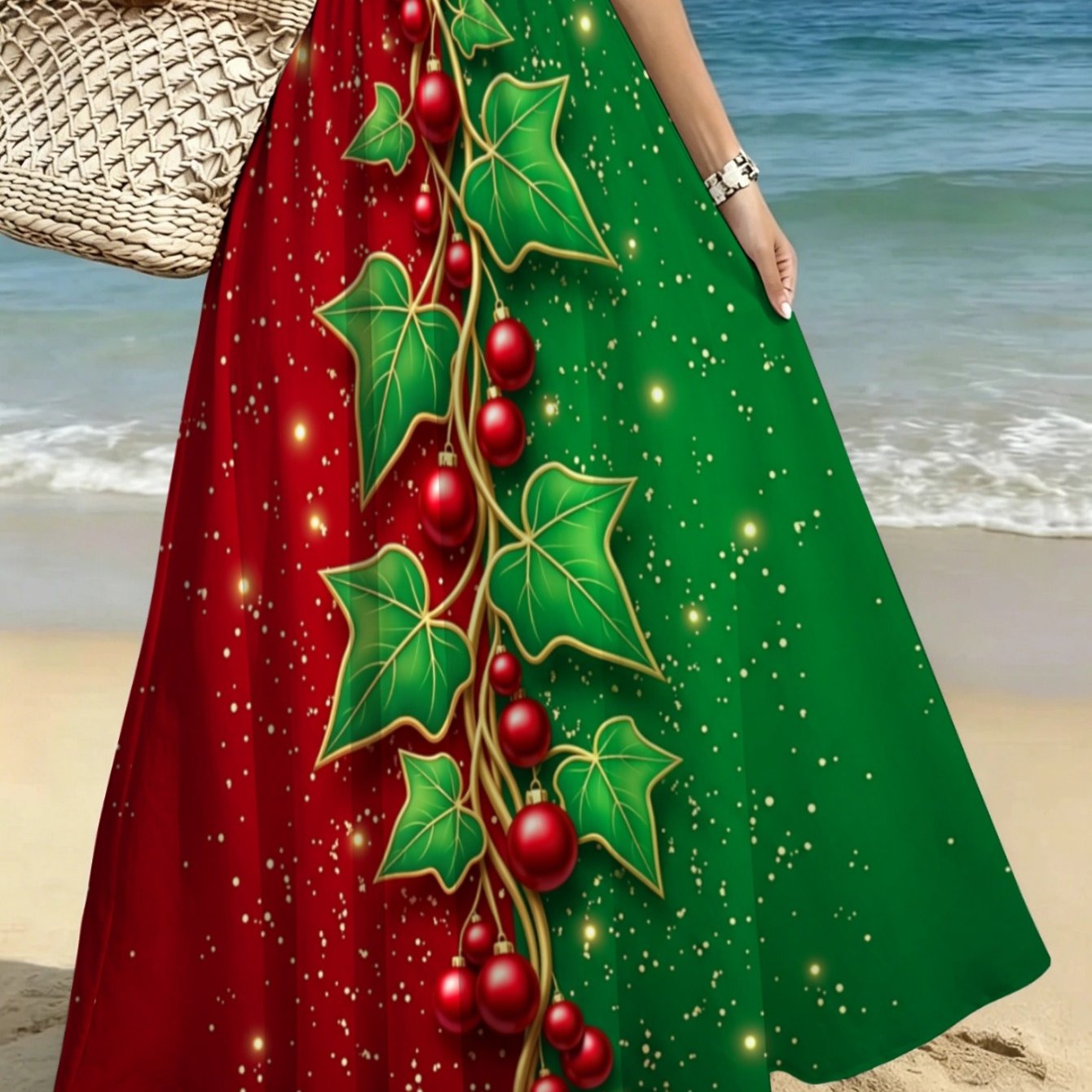 TEMU Lianyaoshi[printed Designnot Textured] Womens Christmas Print Maxi Skirt, Red And Green With , Lightweight For Beach Holiday Parties And Outdoor