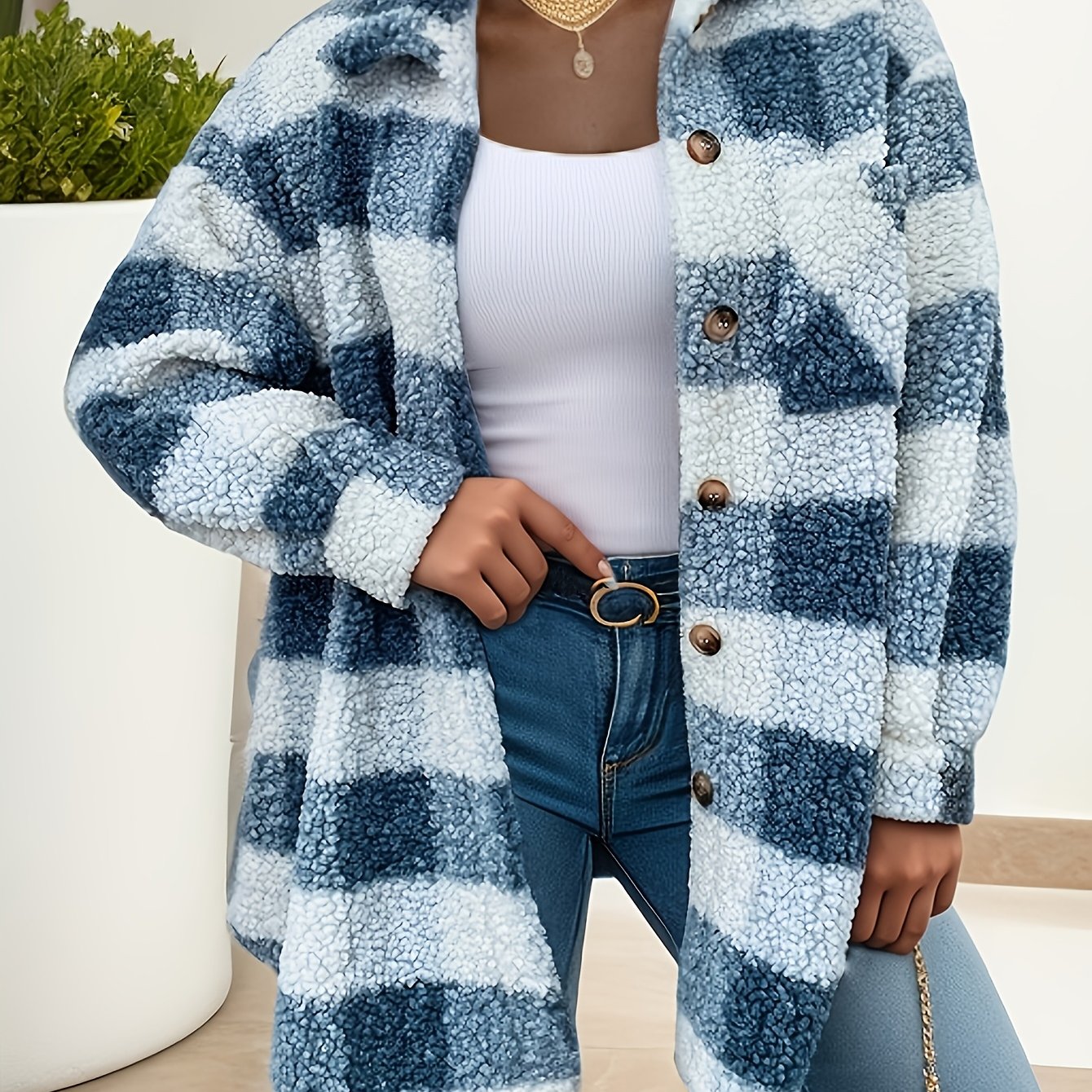 Plus Size - Plus Size - Casual Flannel Coat For Plus-size Women, Perfect For Autumn And Winter