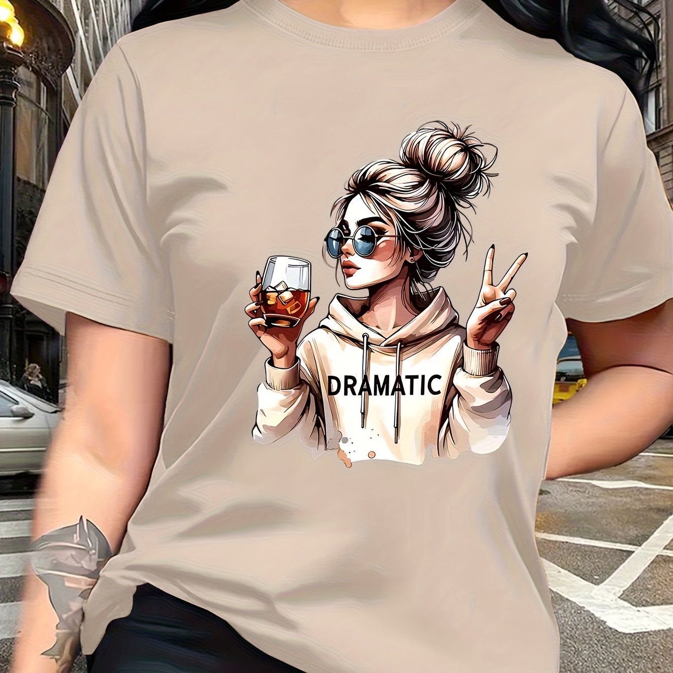 TEMU Street-style Print Featuring A Woman With A Bun Hairstyle And Fashion Glasses Holding A Red Wine Glass. Simple Round-neck Casual Versatile