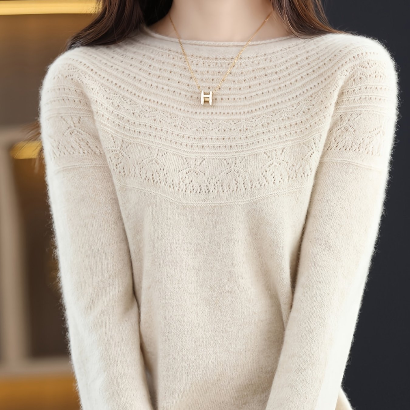 Women's Wool Rolled Hem Crew Neck Loose Fit Openwork Sweater, Versatile Base Layer
