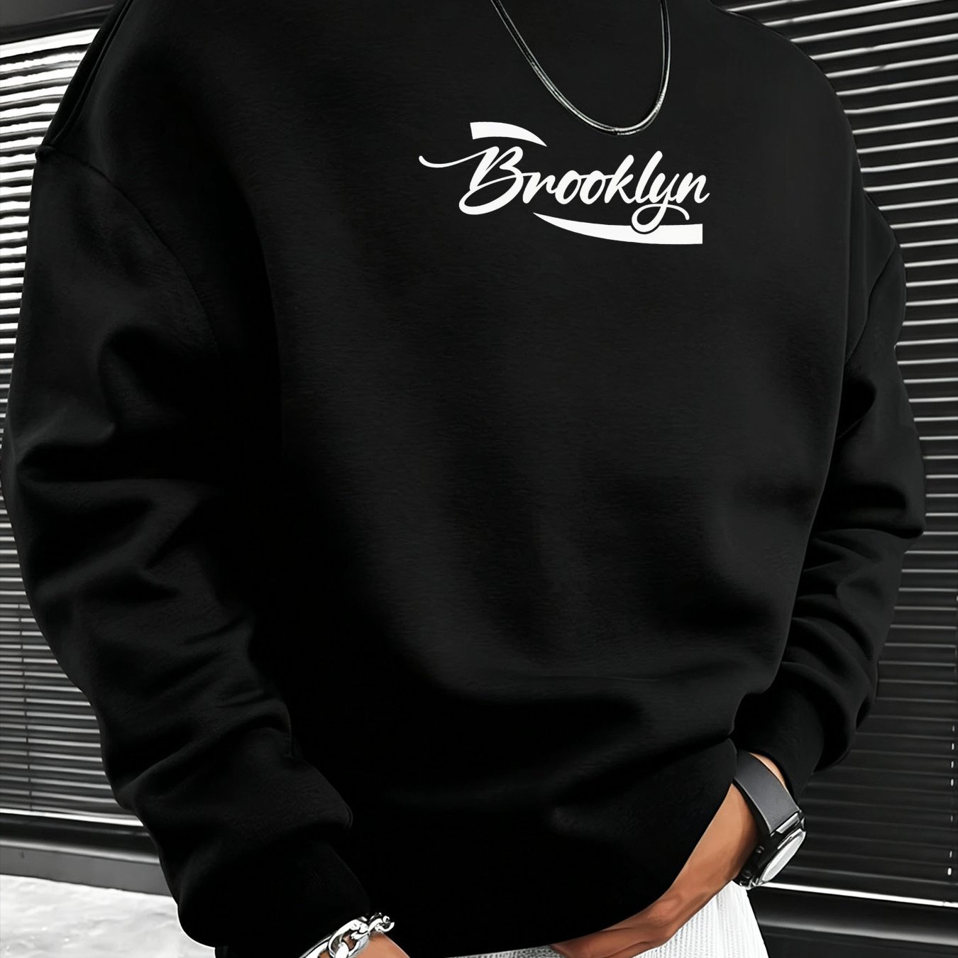 Image of Autumn Winter New Fleece Casual Sports Crew Neck Pullover For Men Brooklyn Letter Print Loose Fit Warm Street Style Fashion