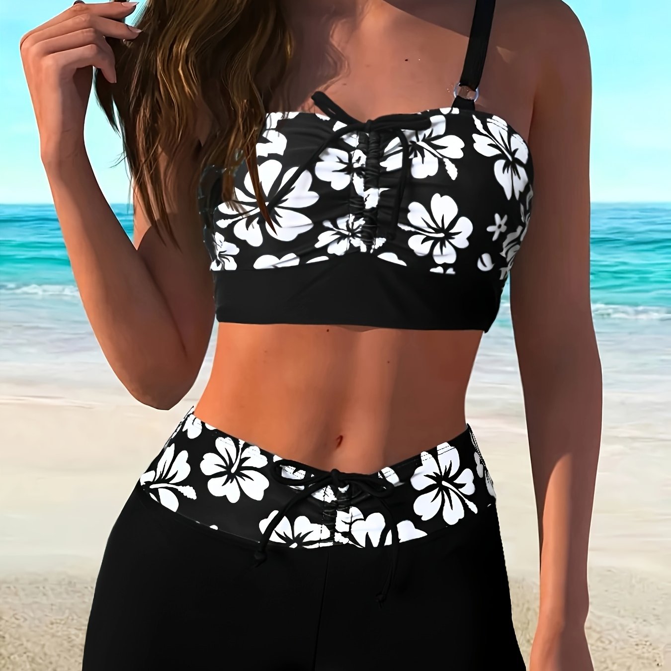 Image of Black And White Cherry Spliced Two-piece Separable Swimsuit With Adjustable Shoulder Straps And Drawstrings. It With Boxer-style Shorts, A Bikini Set For Women To Wear During Summer